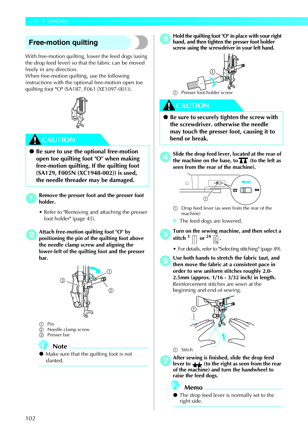 Brother 885-V31/V33 operation manual Free-motion quilting, Refer to Removing and attaching the presser foot holder 