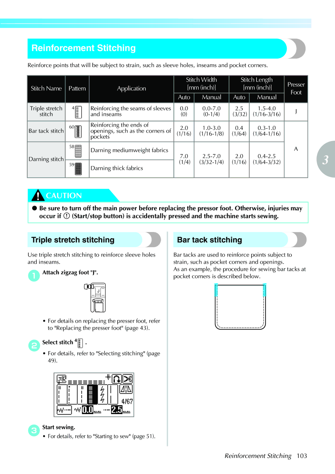 Brother 885-V31/V33 operation manual Reinforcement Stitching, Triple stretch stitching, Bar tack stitching, BSelect stitch 