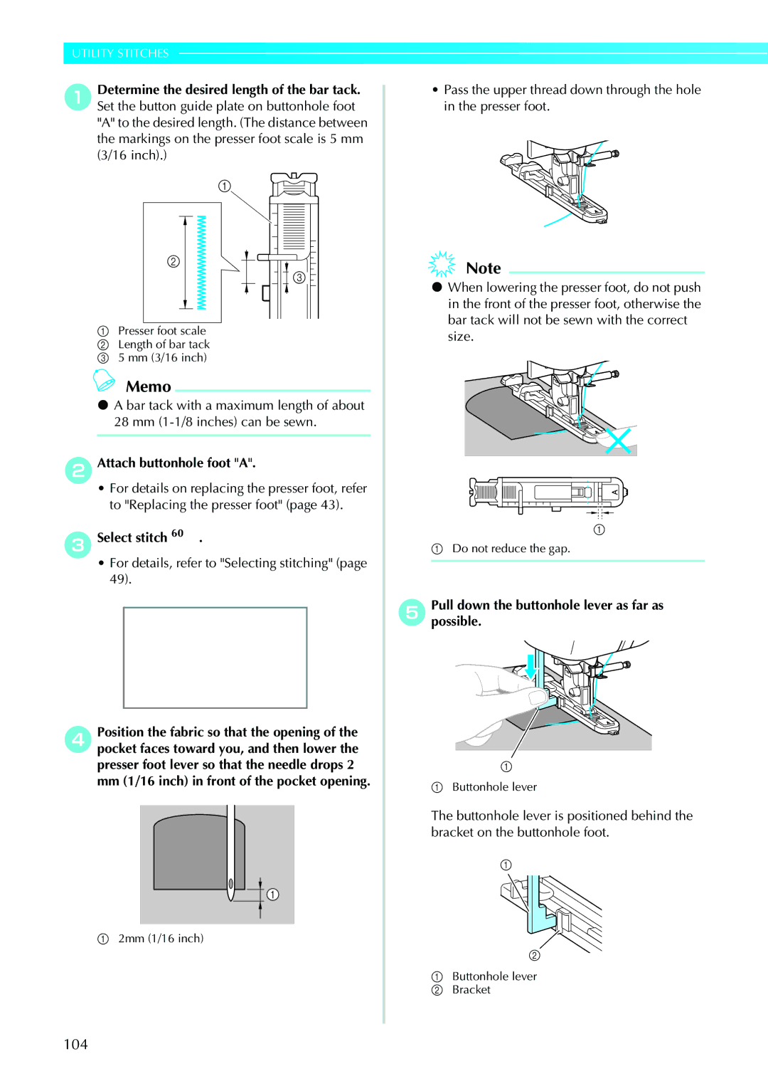 Brother 885-V31/V33 operation manual BAttach buttonhole foot a, EPullpossible.down the buttonhole lever as far as 