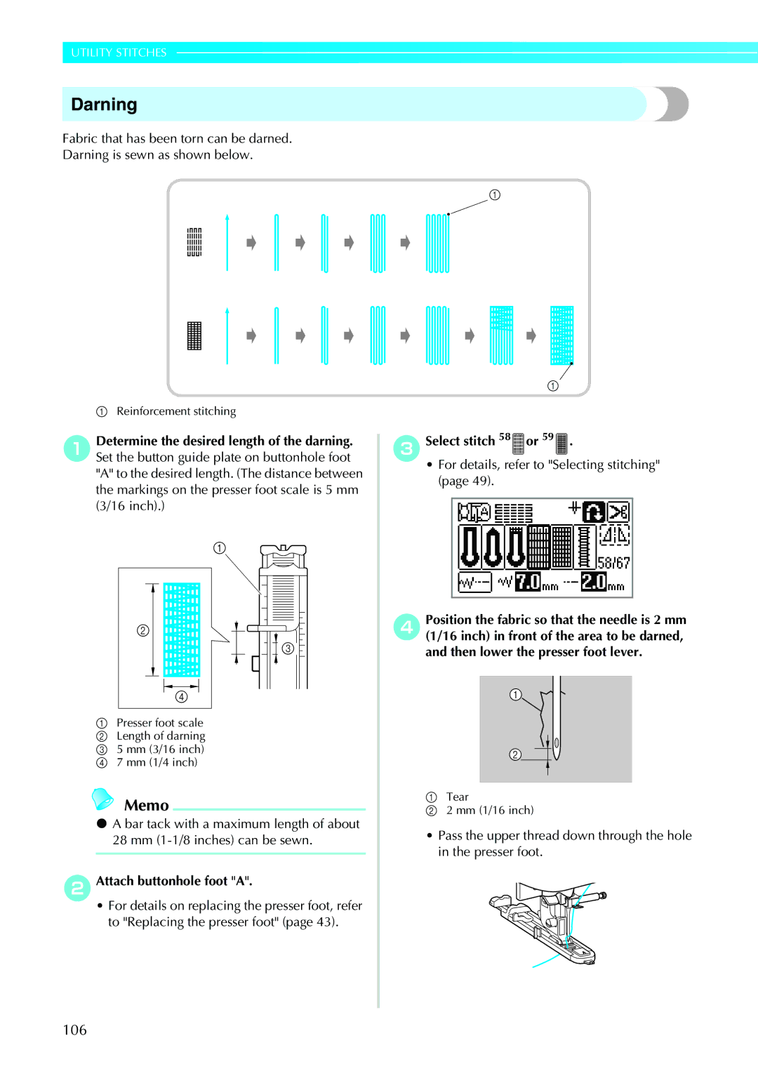 Brother 885-V31/V33 operation manual Darning, Select stitch 58 or 