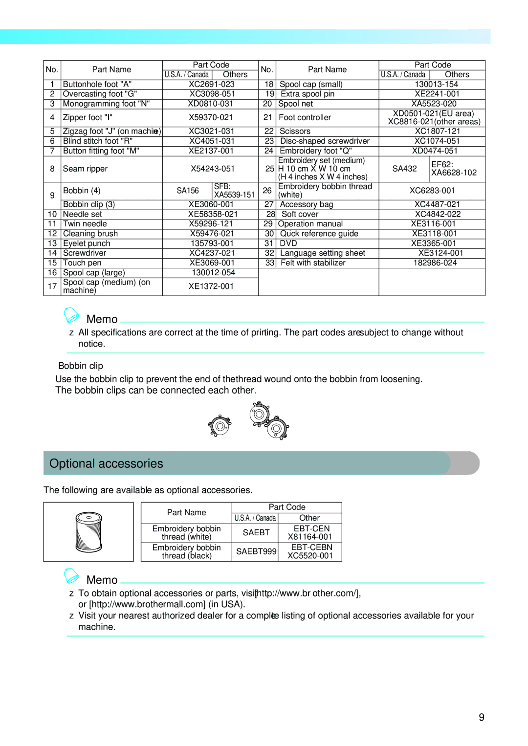 Brother 885-V31/V33 operation manual Optional accessories, Bobbin clip, Following are available as optional accessories 