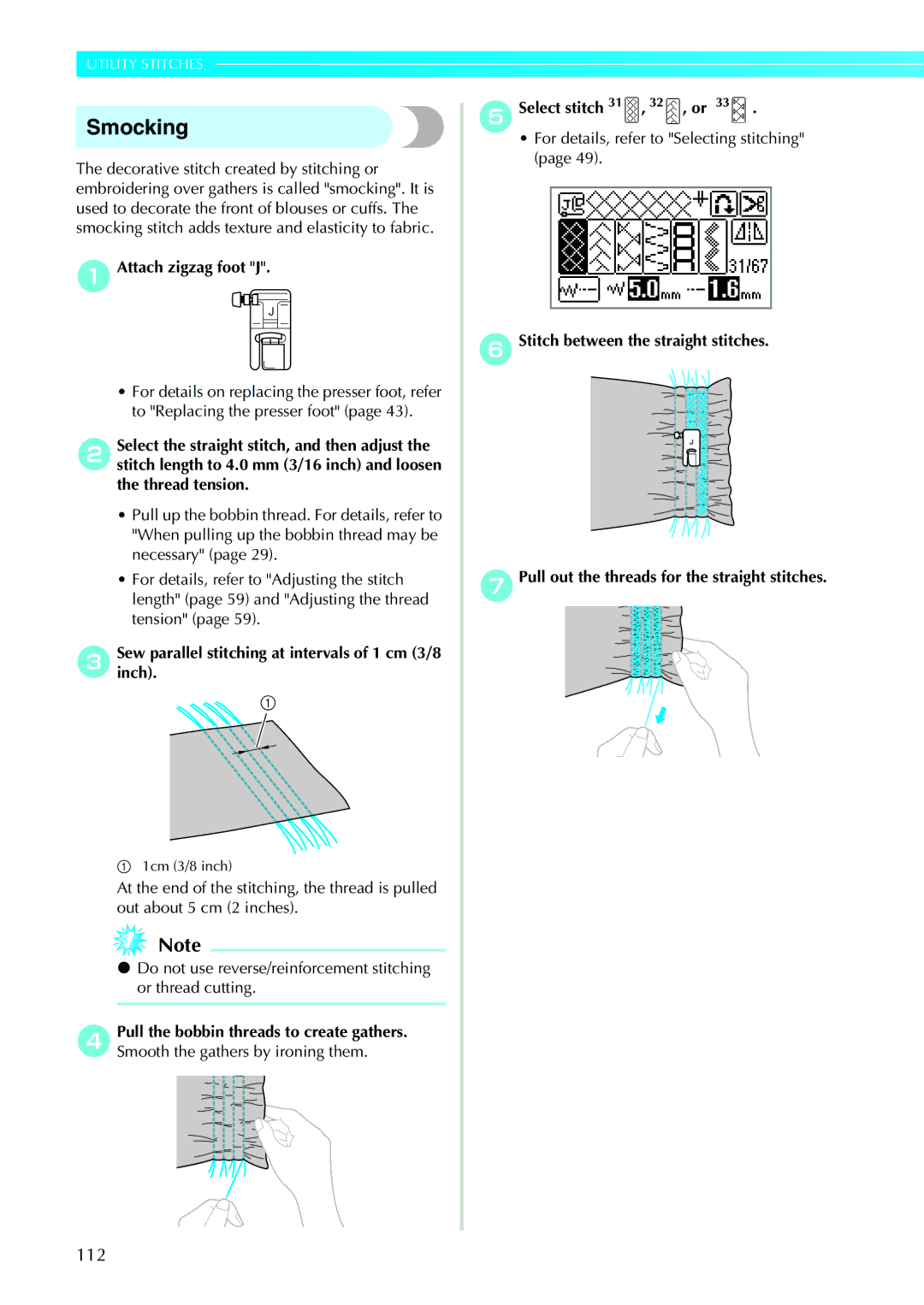 Brother 885-V31/V33 Smocking, CSewinchparallel. stitching at intervals of 1 cm 3/8, Smooth the gathers by ironing them 