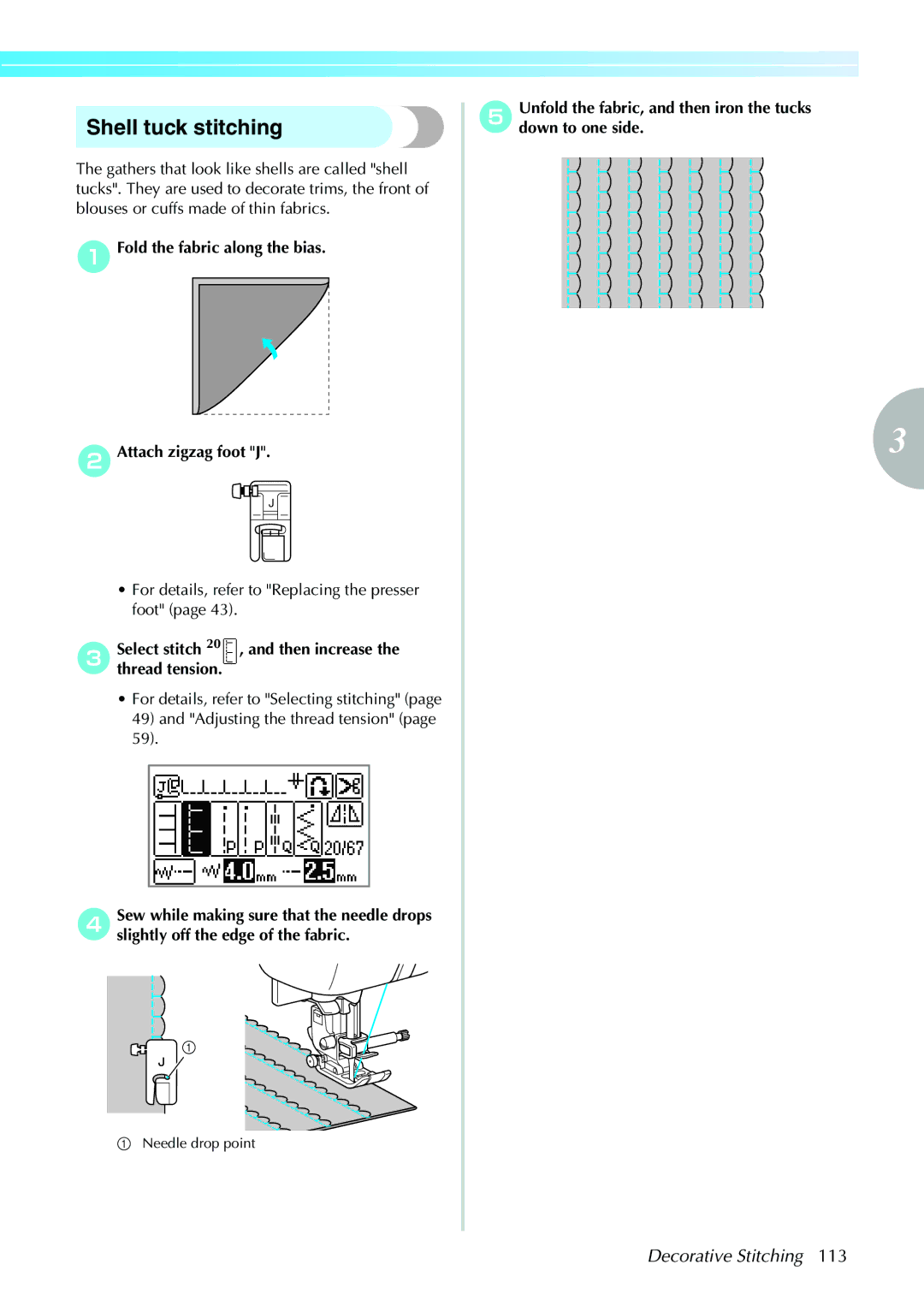 Brother 885-V31/V33 operation manual Shell tuck stitching, AFold the fabric along the bias BAttach zigzag foot J 