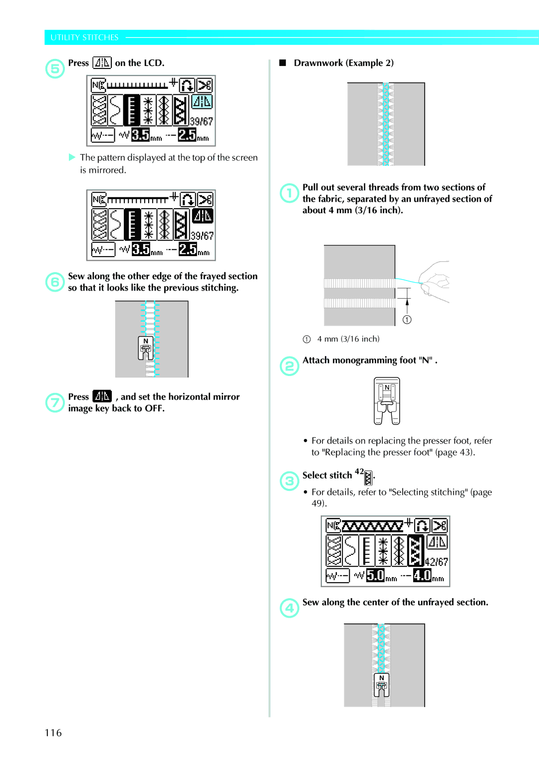 Brother 885-V31/V33 operation manual EPress on the LCD, Pattern displayed at the top of the screen is mirrored 