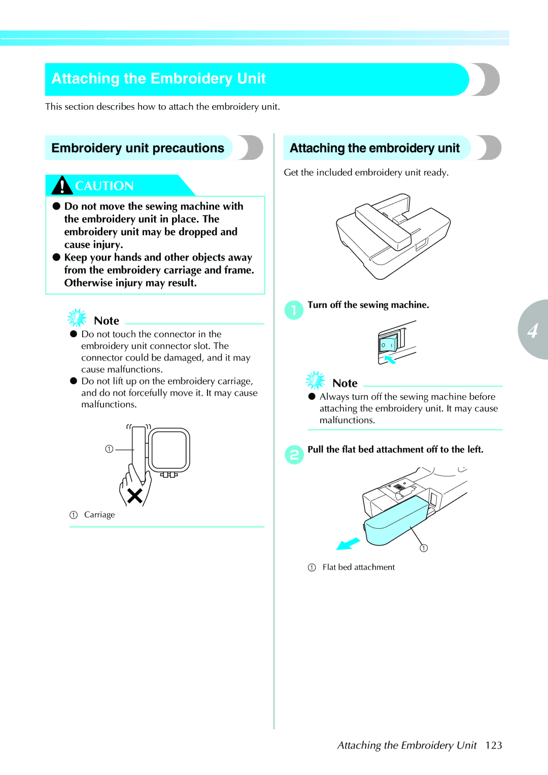 Brother 885-V31/V33 Attaching the Embroidery Unit, Embroidery unit precautions, Attaching the embroidery unit 