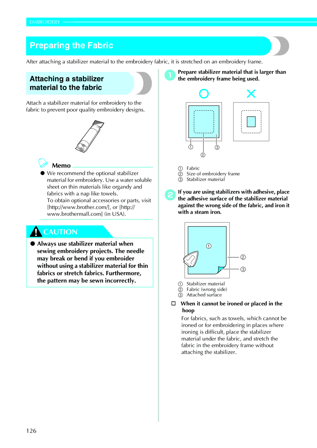 Brother 885-V31/V33 operation manual Preparing the Fabric, Attaching a stabilizer material to the fabric 