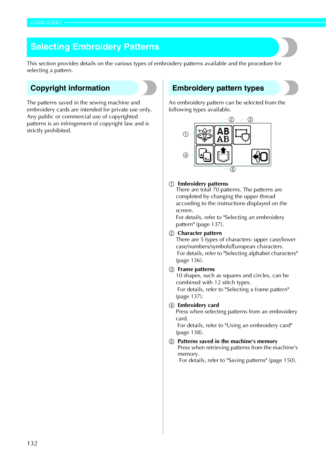 Brother 885-V31/V33 operation manual Selecting Embroidery Patterns, Copyright information, Embroidery pattern types 