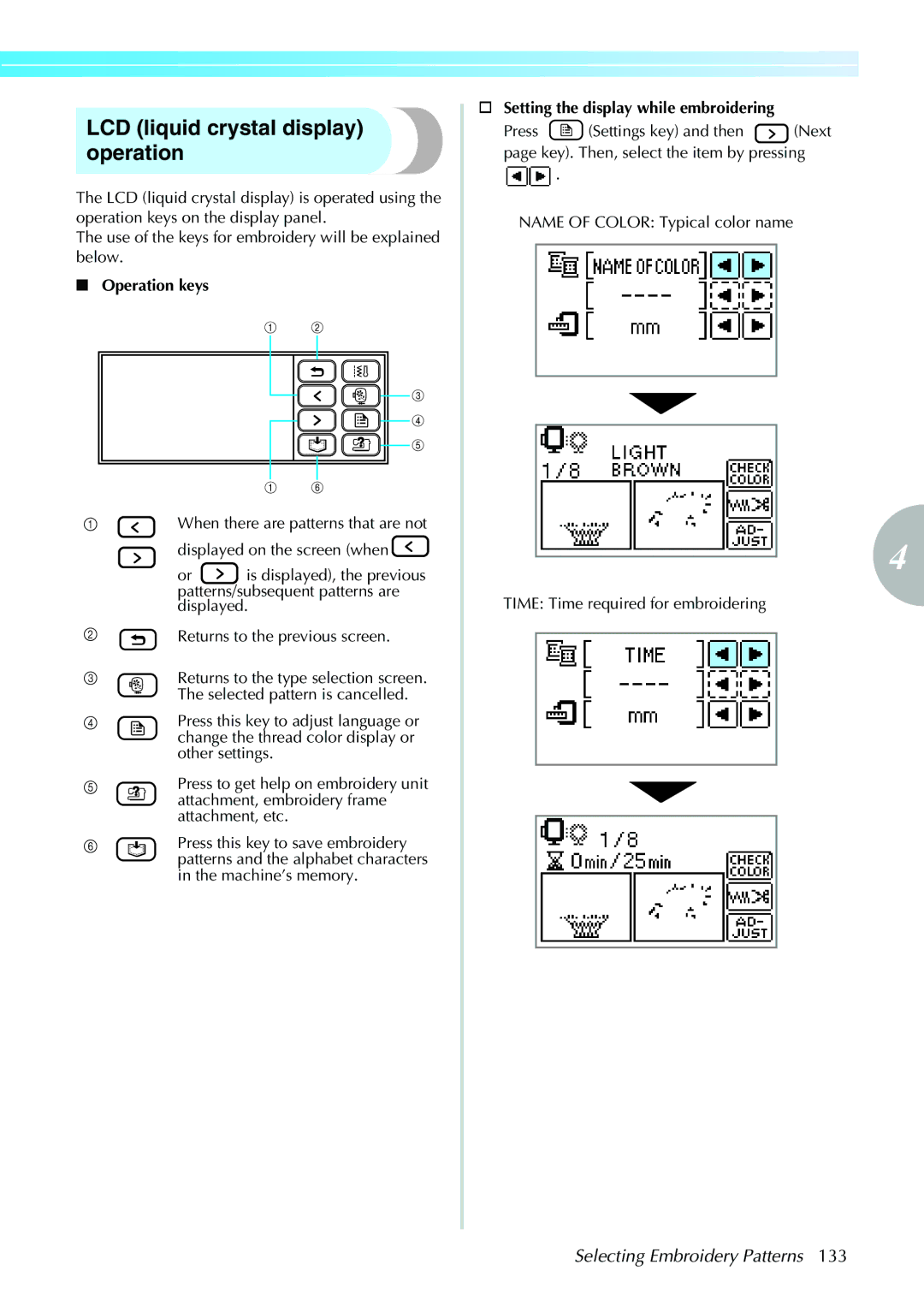 Brother 885-V31/V33 operation manual LCD liquid crystal display operation, Selecting Embroidery Patterns, Operation keys 