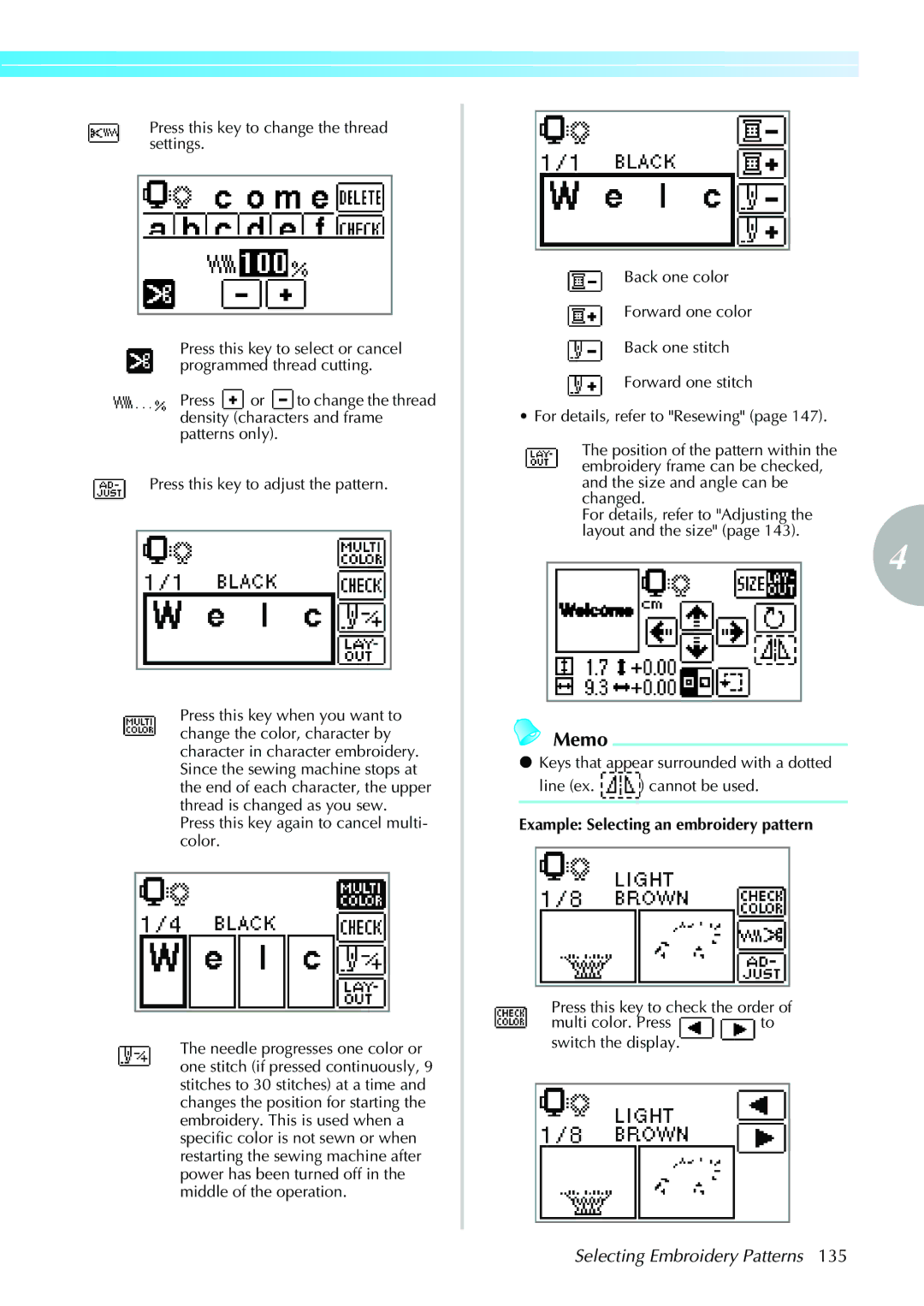 Brother 885-V31/V33 Press this key to change the thread settings, Press this key again to cancel multi- color 