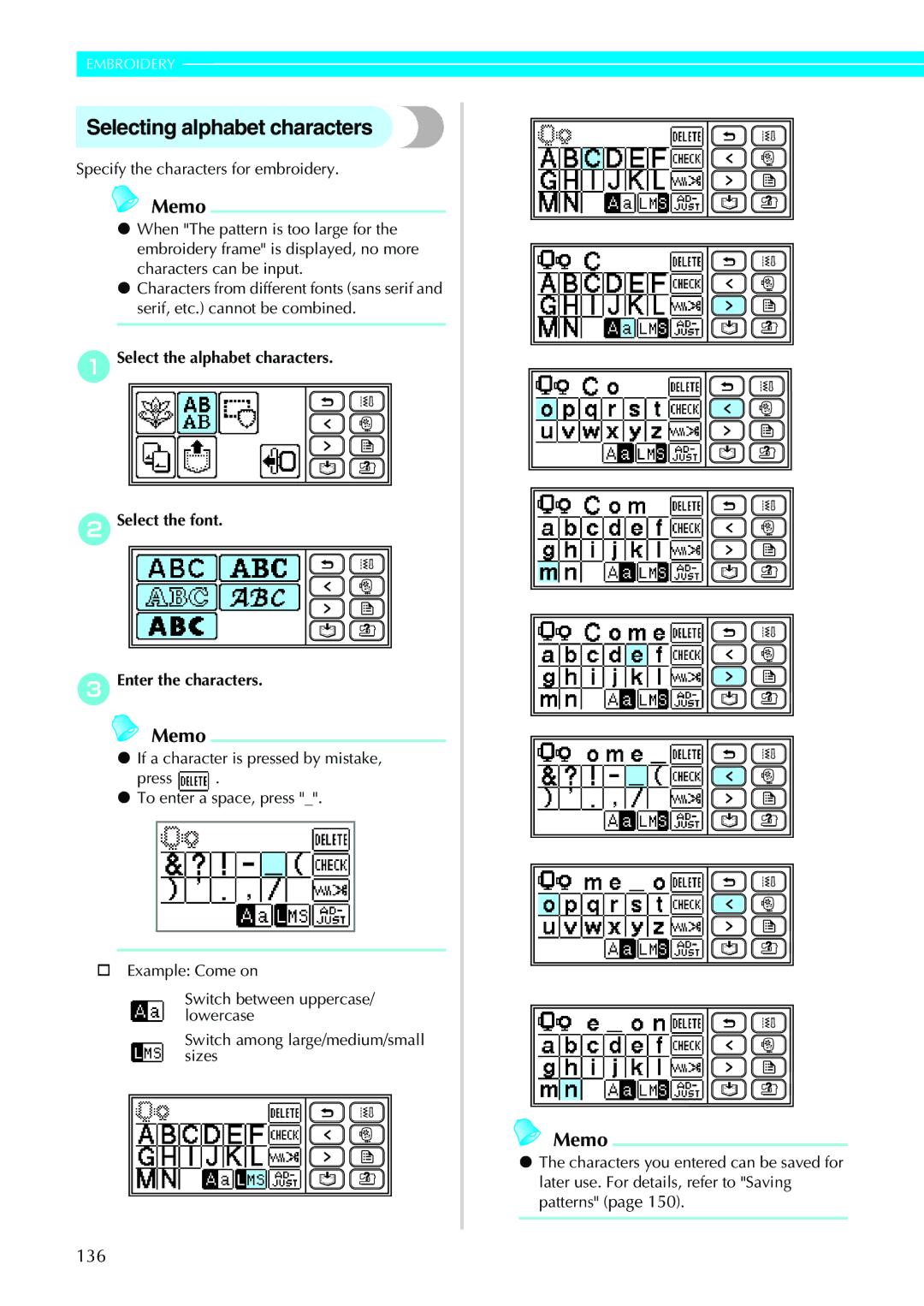 Brother 885-V31/V33 operation manual Selecting alphabet characters, Specify the characters for embroidery 