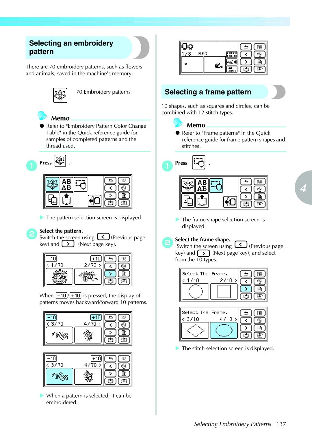 Brother 885-V31/V33 operation manual Selecting an embroidery pattern, Selecting a frame pattern, APress, Select the pattern 