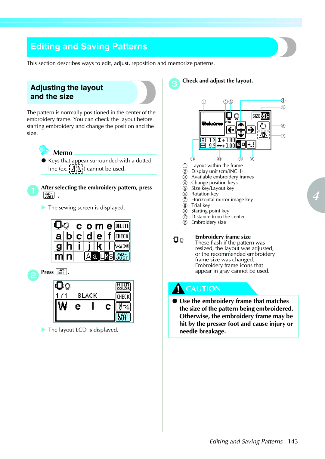 Brother 885-V31/V33 operation manual Editing and Saving Patterns, Adjusting the layout and the size 