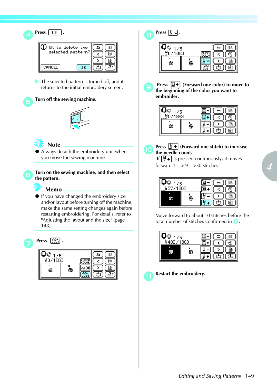 Brother 885-V31/V33 operation manual ETurn off the sewing machine, KRestart the embroidery 