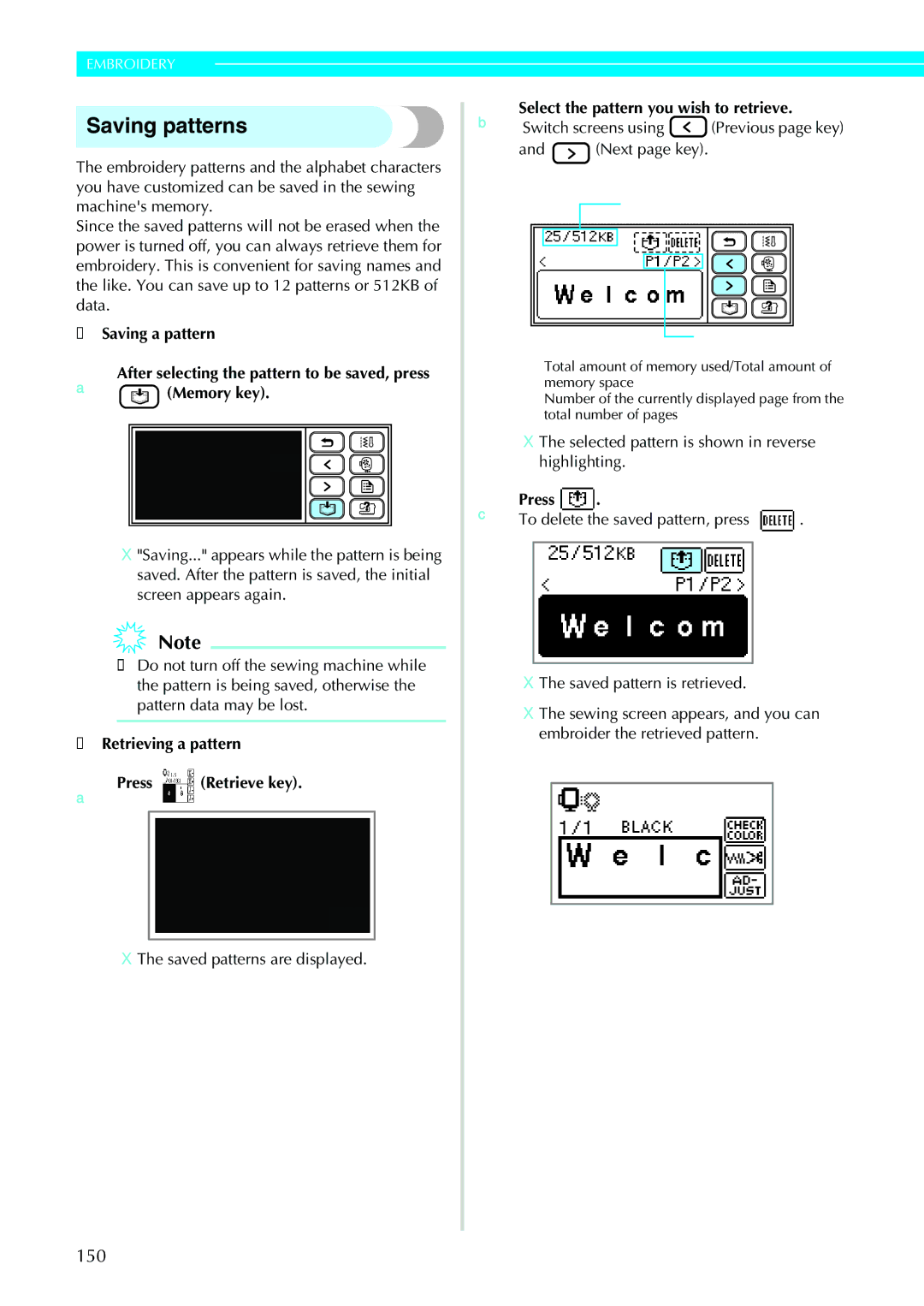 Brother 885-V31/V33 operation manual Saving patterns, Switch screens using Previous page key, CPress 