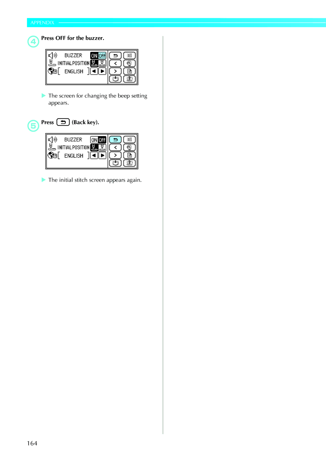 Brother 885-V31/V33 operation manual DPress OFF for the buzzer, Screen for changing the beep setting appears 