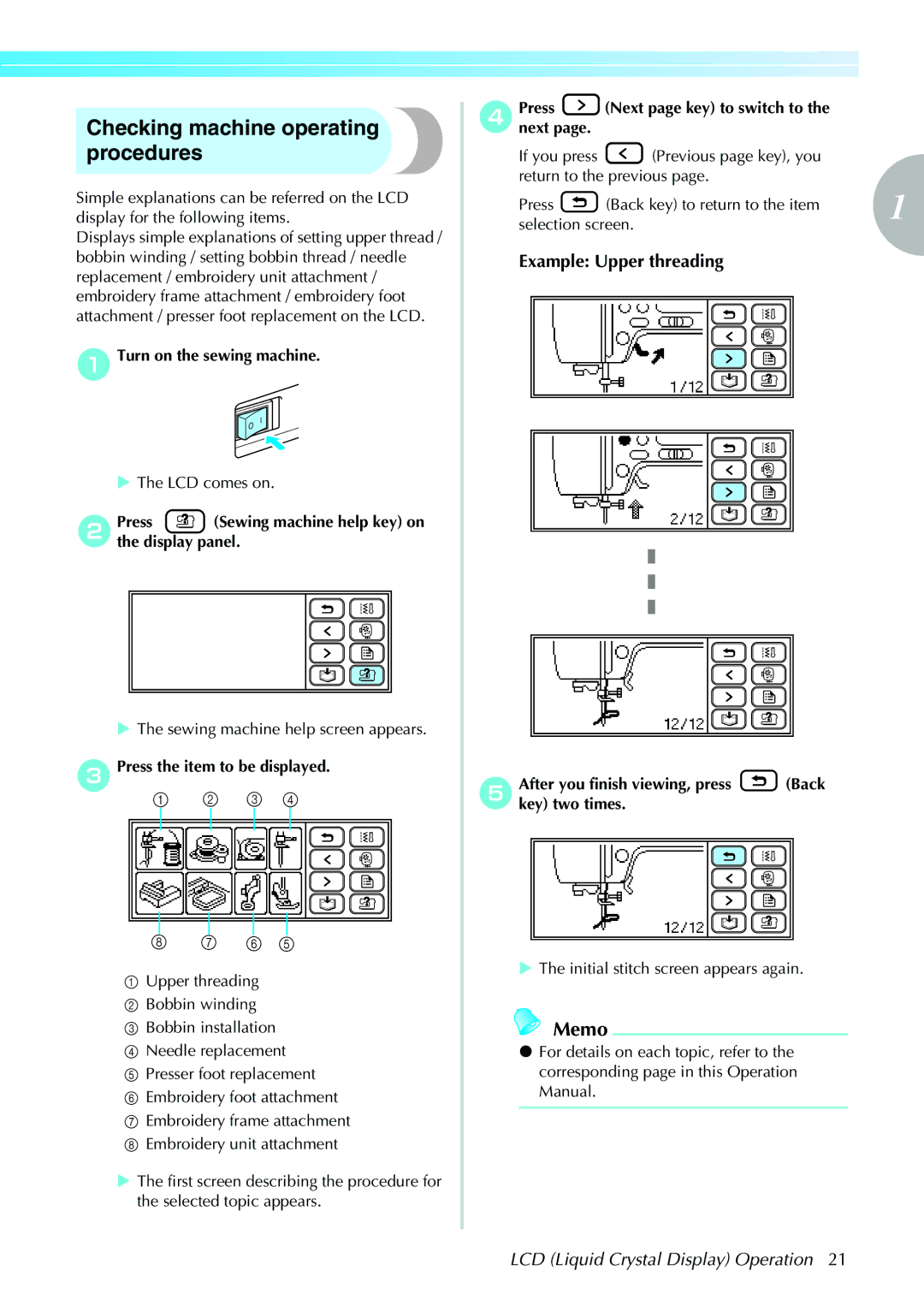 Brother 885-V31/V33 Checking machine operating procedures, BPress Sewing machine help key on the display panel 