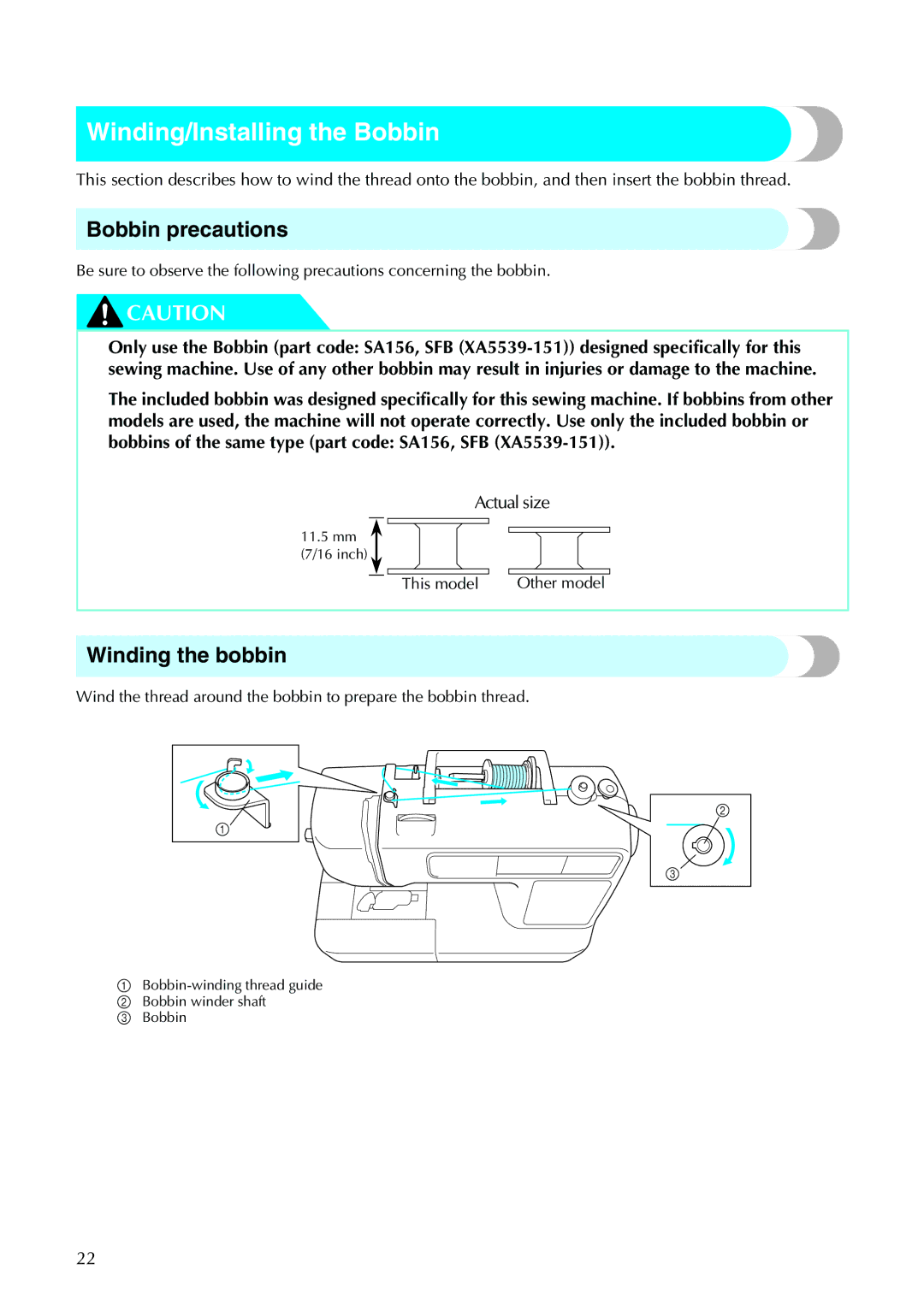 Brother 885-V31/V33 Winding/Installing the Bobbin, Bobbin precautions, Winding the bobbin, This model Other model 