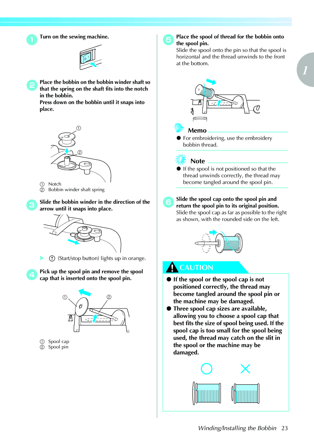 Brother 885-V31/V33 operation manual Winding/Installing the Bobbin, Start/stop button lights up in orange 