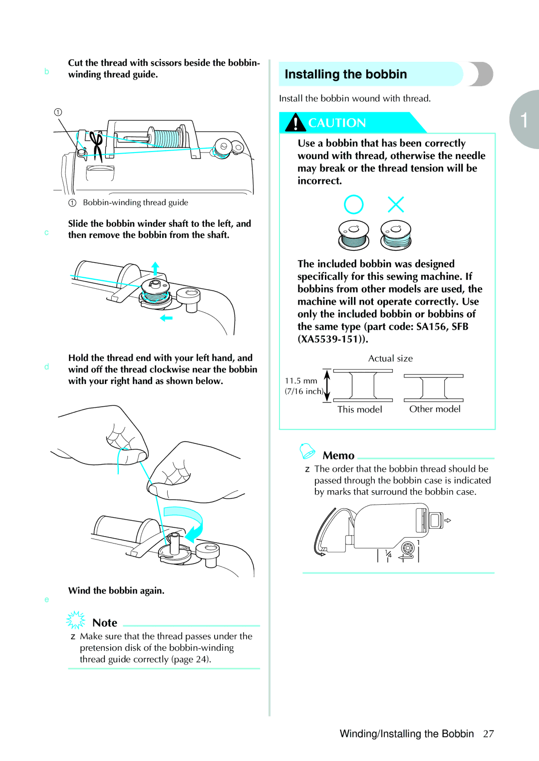 Brother 885-V31/V33 Installing the bobbin, EWind the bobbin again, Install the bobbin wound with thread, Actual size 