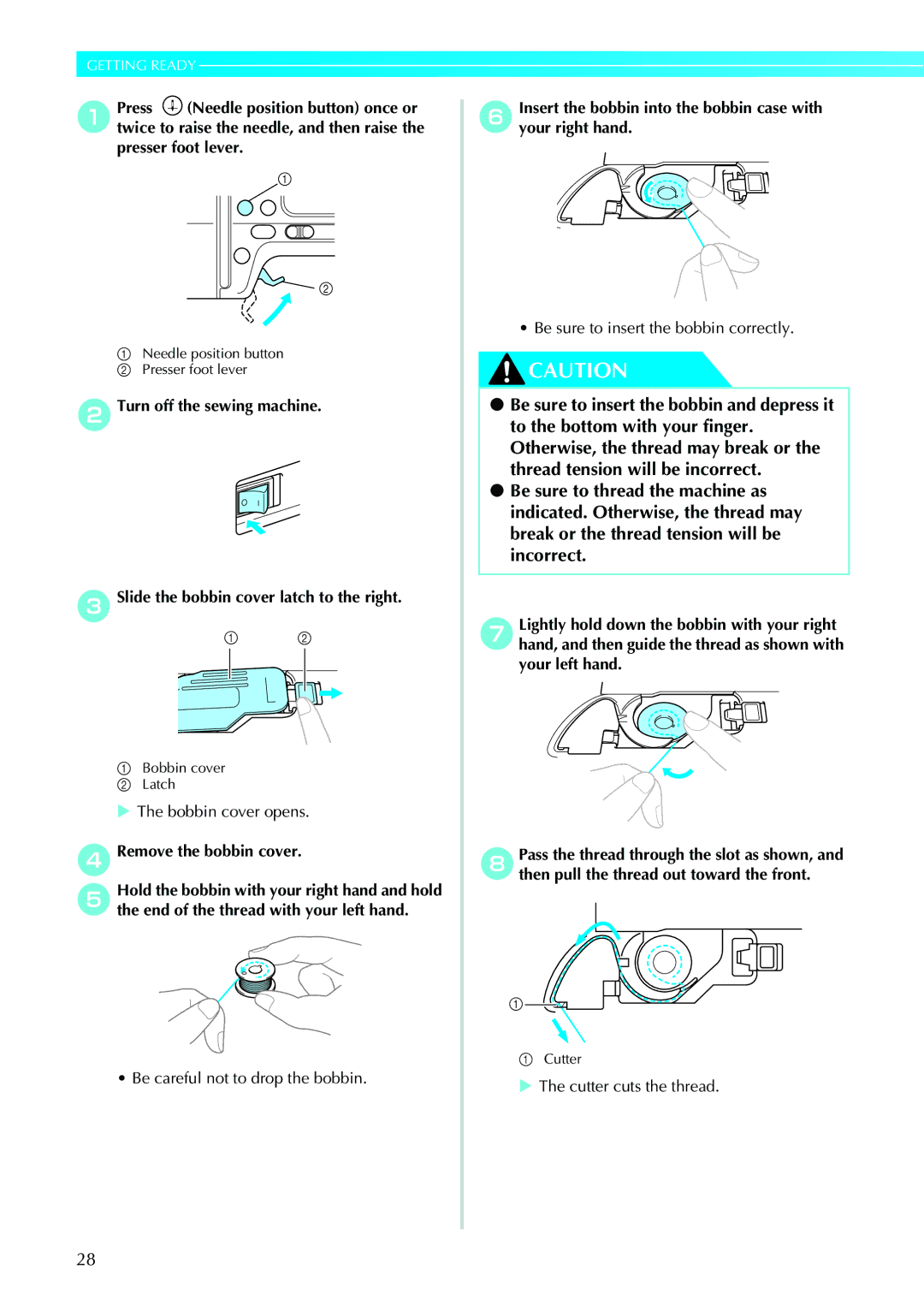 Brother 885-V31/V33 Bobbin cover opens, Be careful not to drop the bobbin, Be sure to insert the bobbin correctly 