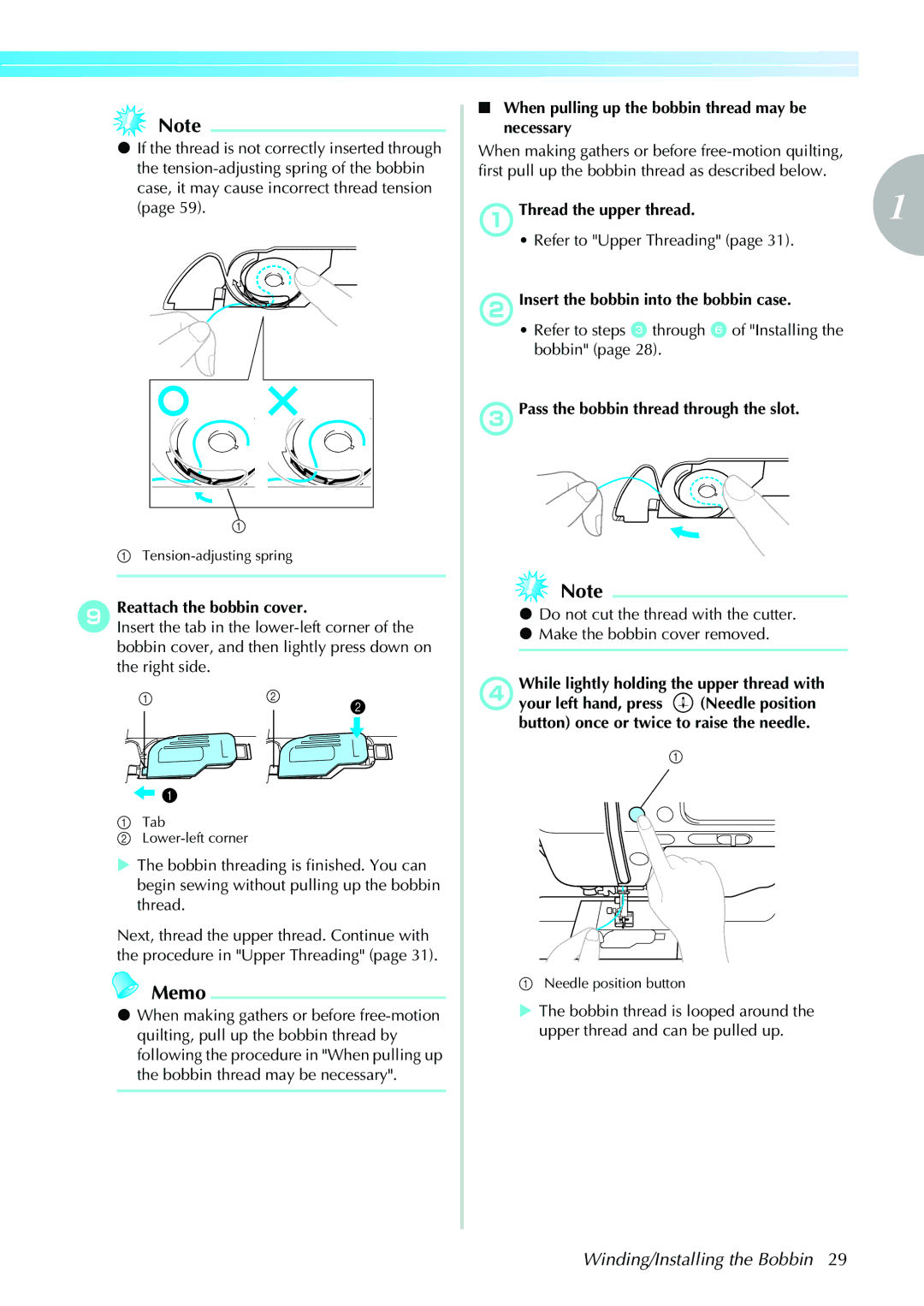 Brother 885-V31/V33 operation manual Reattach the bobbin cover, When pulling up the bobbin thread may be necessary 