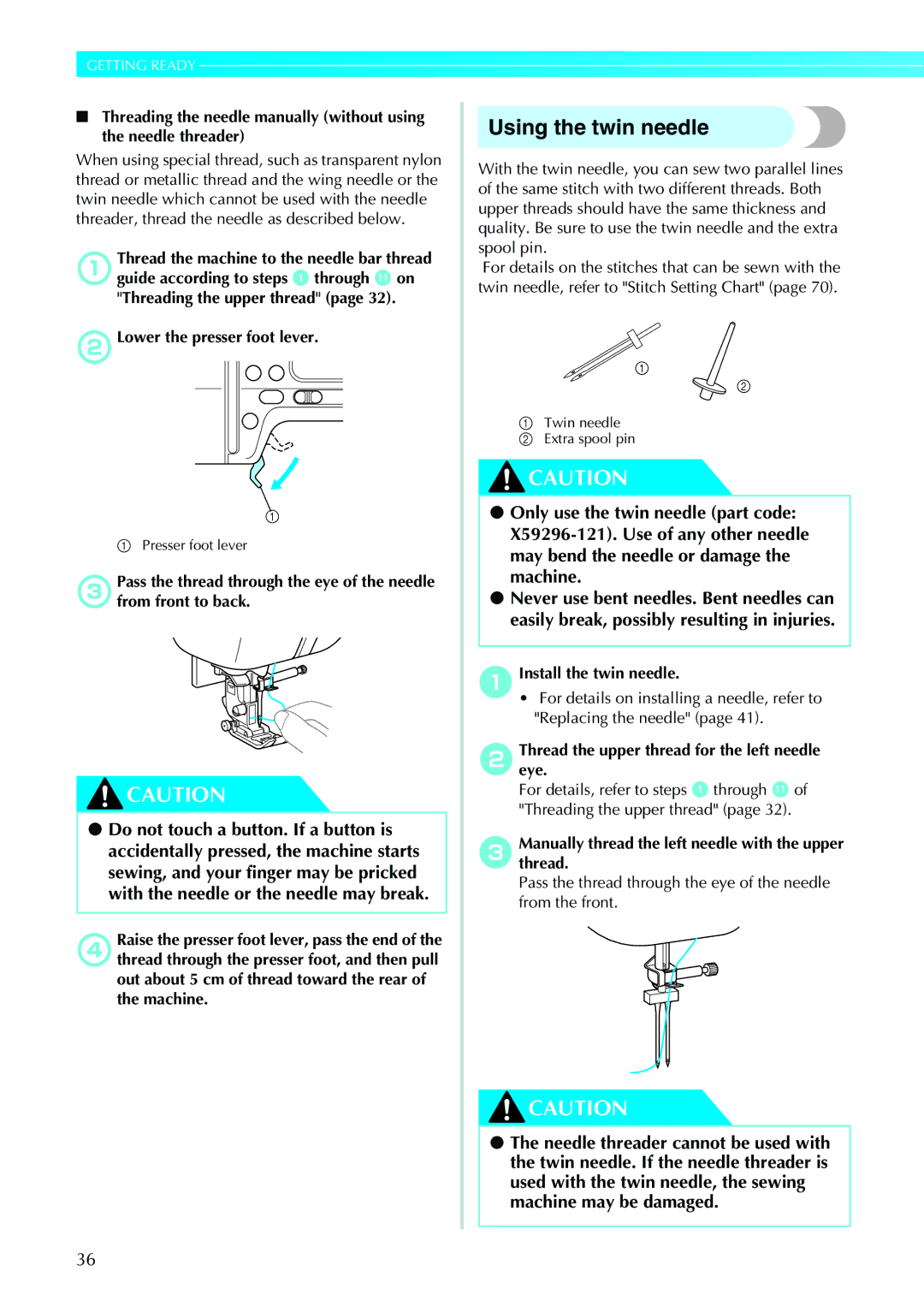 Brother 885-V31/V33 operation manual Using the twin needle, BThreadeye. the upper thread for the left needle 