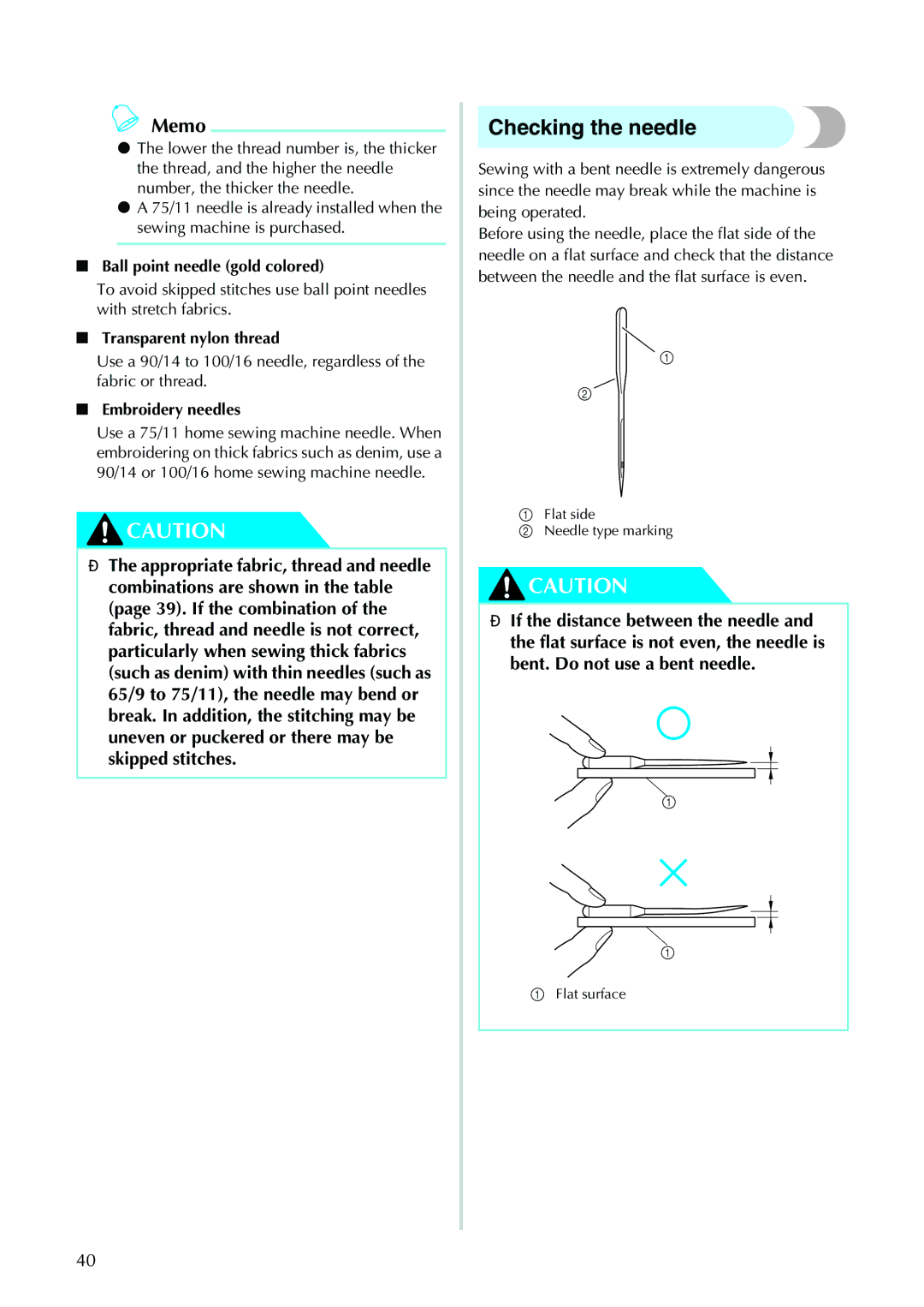 Brother 885-V31/V33 Checking the needle, Ball point needle gold colored, Transparent nylon thread, Embroidery needles 