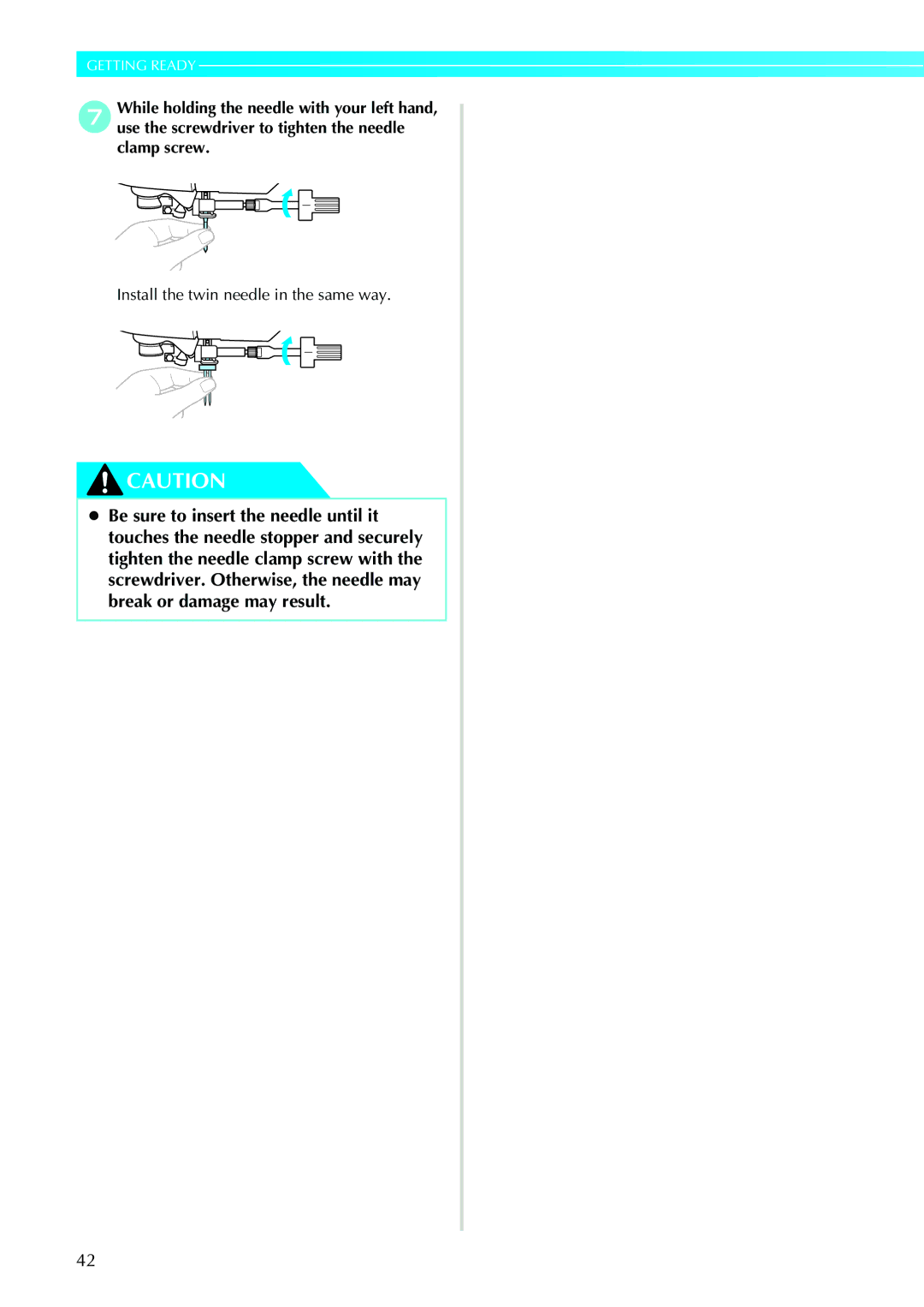 Brother 885-V31/V33 operation manual Install the twin needle in the same way 