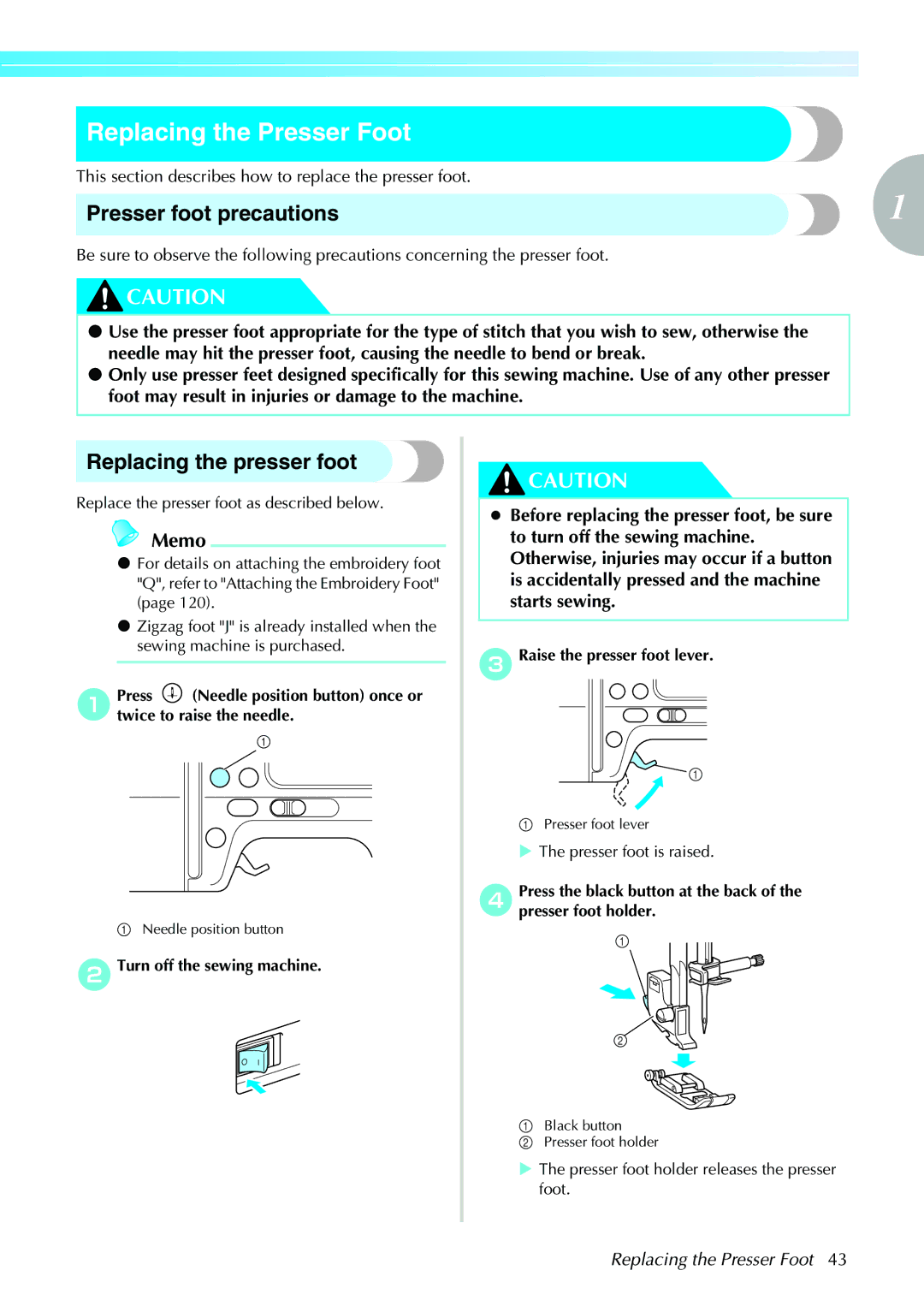 Brother 885-V31/V33 operation manual Replacing the Presser Foot, Presser foot precautions, Replacing the presser foot 