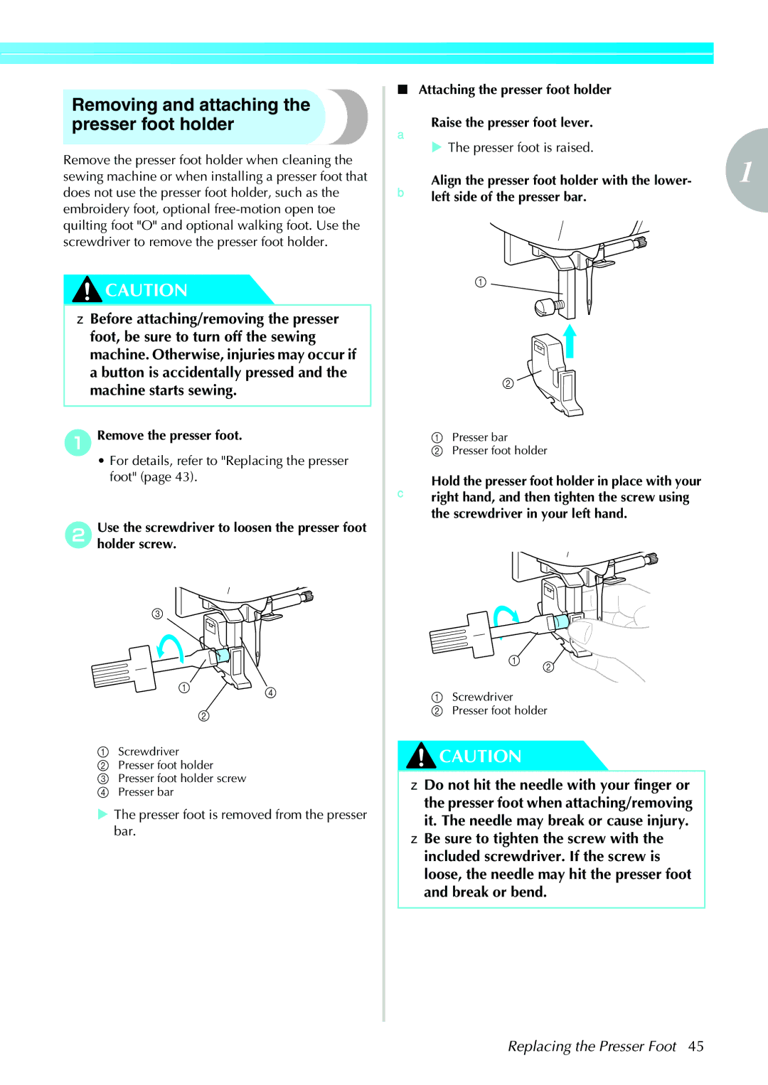 Brother 885-V31/V33 Removing and attaching the presser foot holder, For details, refer to Replacing the presser foot 