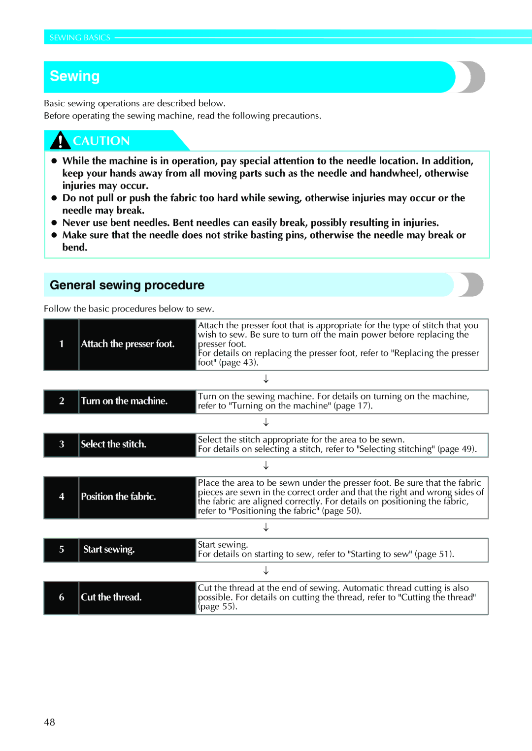 Brother 885-V31/V33 operation manual Sewing, General sewing procedure 