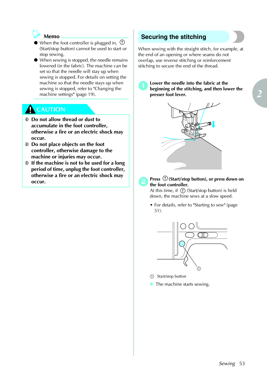 Brother 885-V31/V33 operation manual Securing the stitching, For details, refer to Starting to sew 