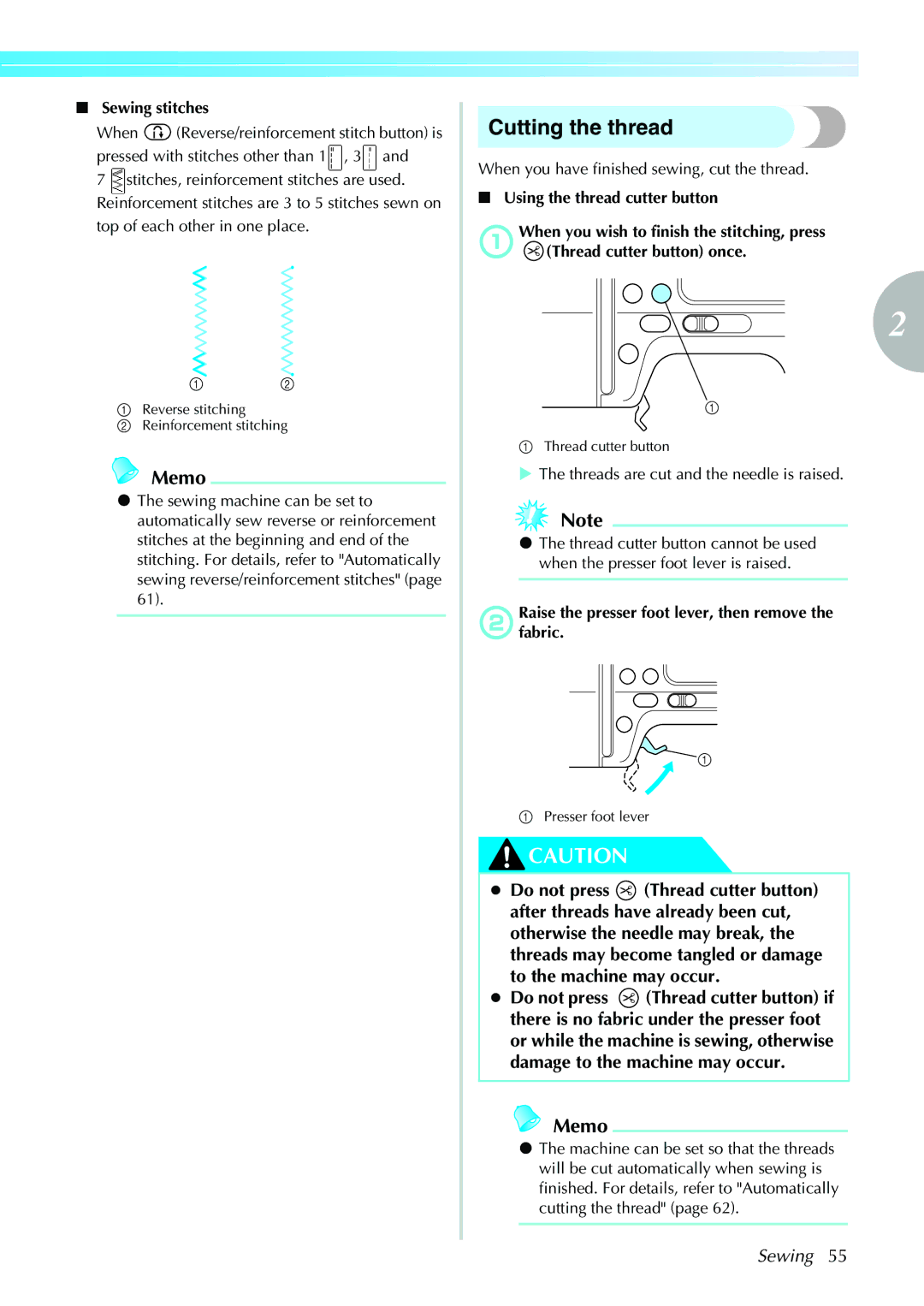 Brother 885-V31/V33 operation manual Cutting the thread, Sewing stitches, BRaisefabric.the presser foot lever, then remove 