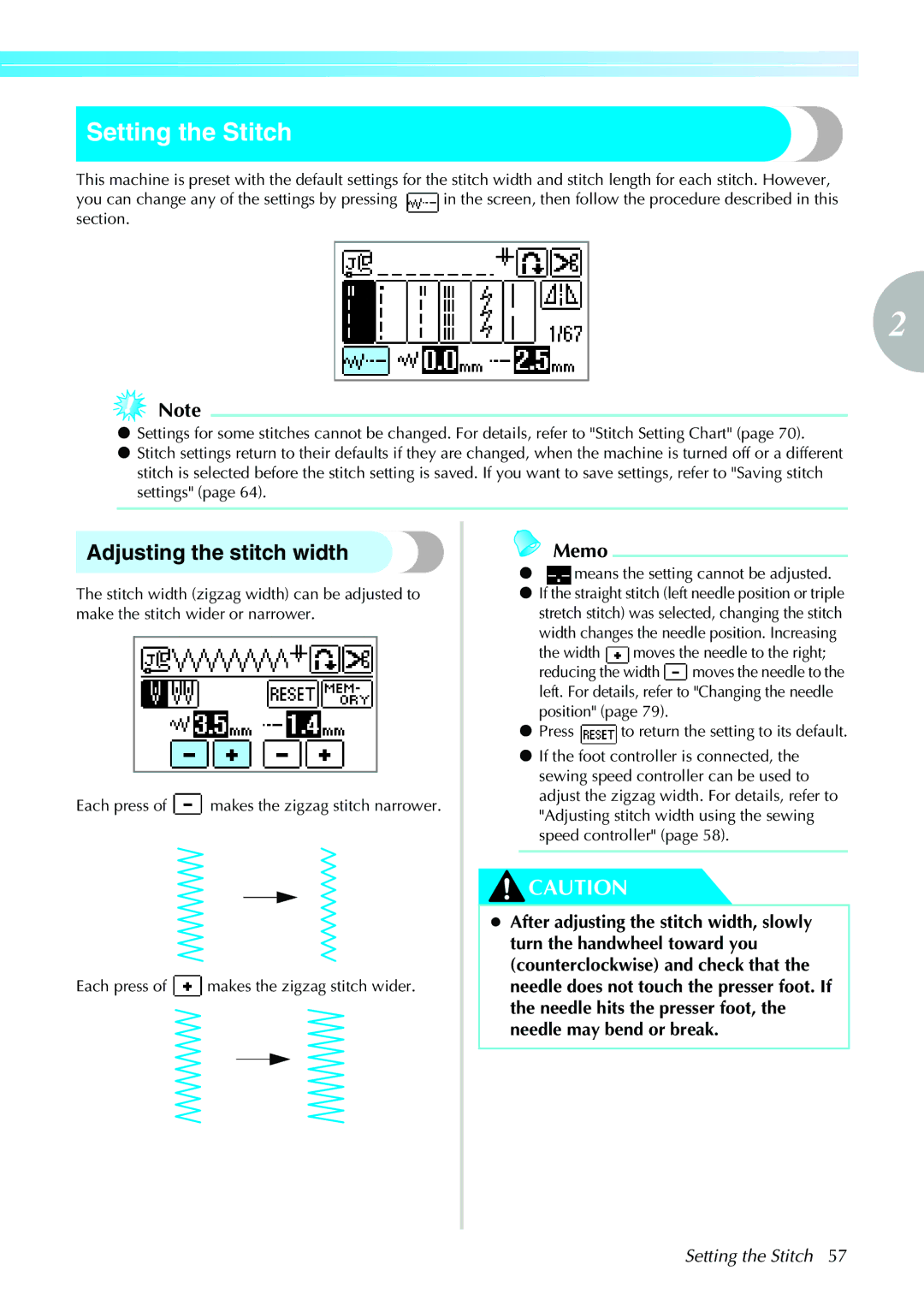 Brother 885-V31/V33 operation manual Setting the Stitch, Adjusting the stitch width, Means the setting cannot be adjusted 