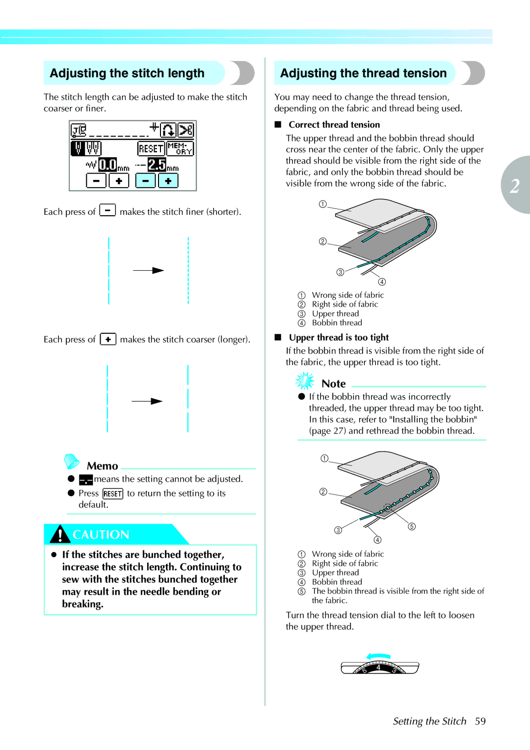 Brother 885-V31/V33 operation manual Adjusting the stitch length, Adjusting the thread tension, Correct thread tension 