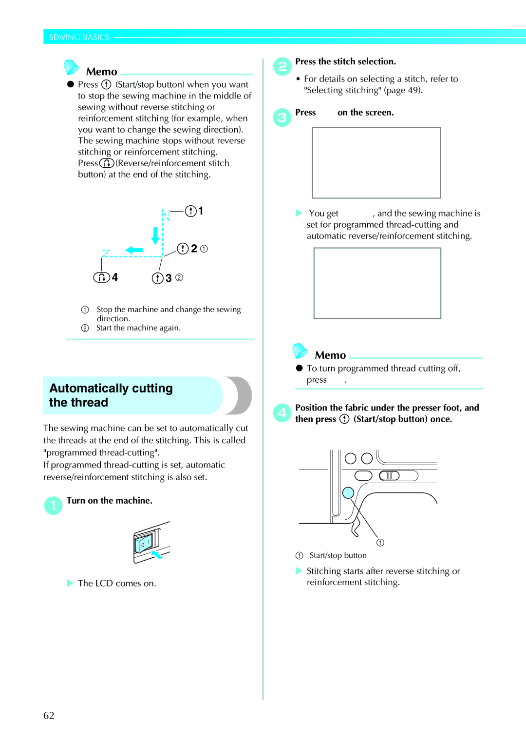 Brother 885-V31/V33 operation manual Automatically cutting the thread, BPress the stitch selection, CPress on the screen 