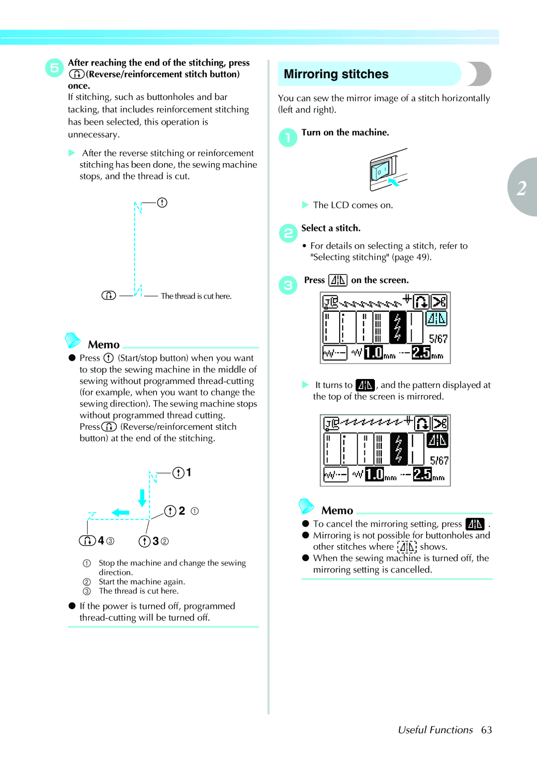 Brother 885-V31/V33 operation manual Mirroring stitches, Without programmed thread cutting, Press on the screen 