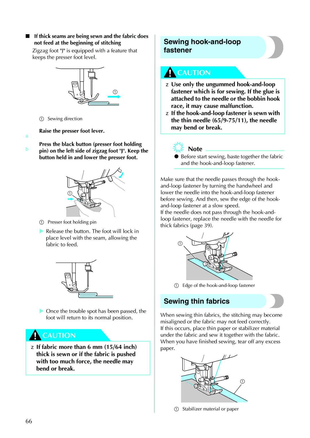 Brother 885-V31/V33 operation manual Sewing hook-and-loop fastener, Sewing thin fabrics 