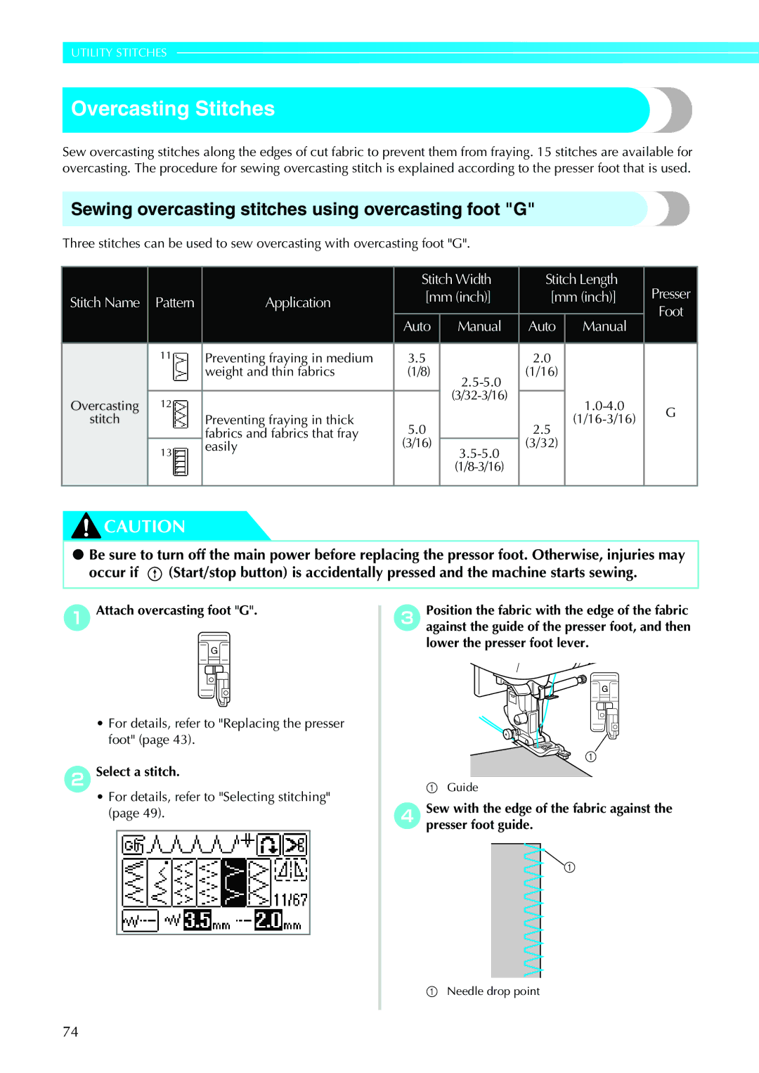 Brother 885-V31/V33 operation manual Overcasting Stitches, Sewing overcasting stitches using overcasting foot G, 4.0 