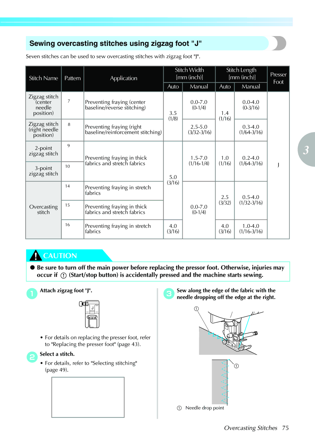 Brother 885-V31/V33 operation manual Sewing overcasting stitches using zigzag foot J, Overcasting Stitches 