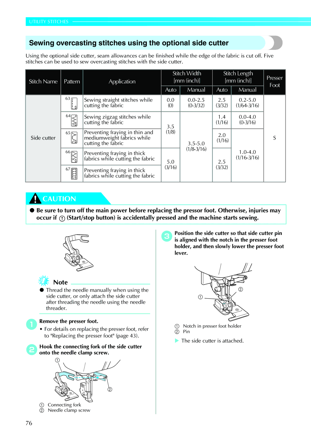 Brother 885-V31/V33 operation manual Sewing overcasting stitches using the optional side cutter, Side cutter is attached 