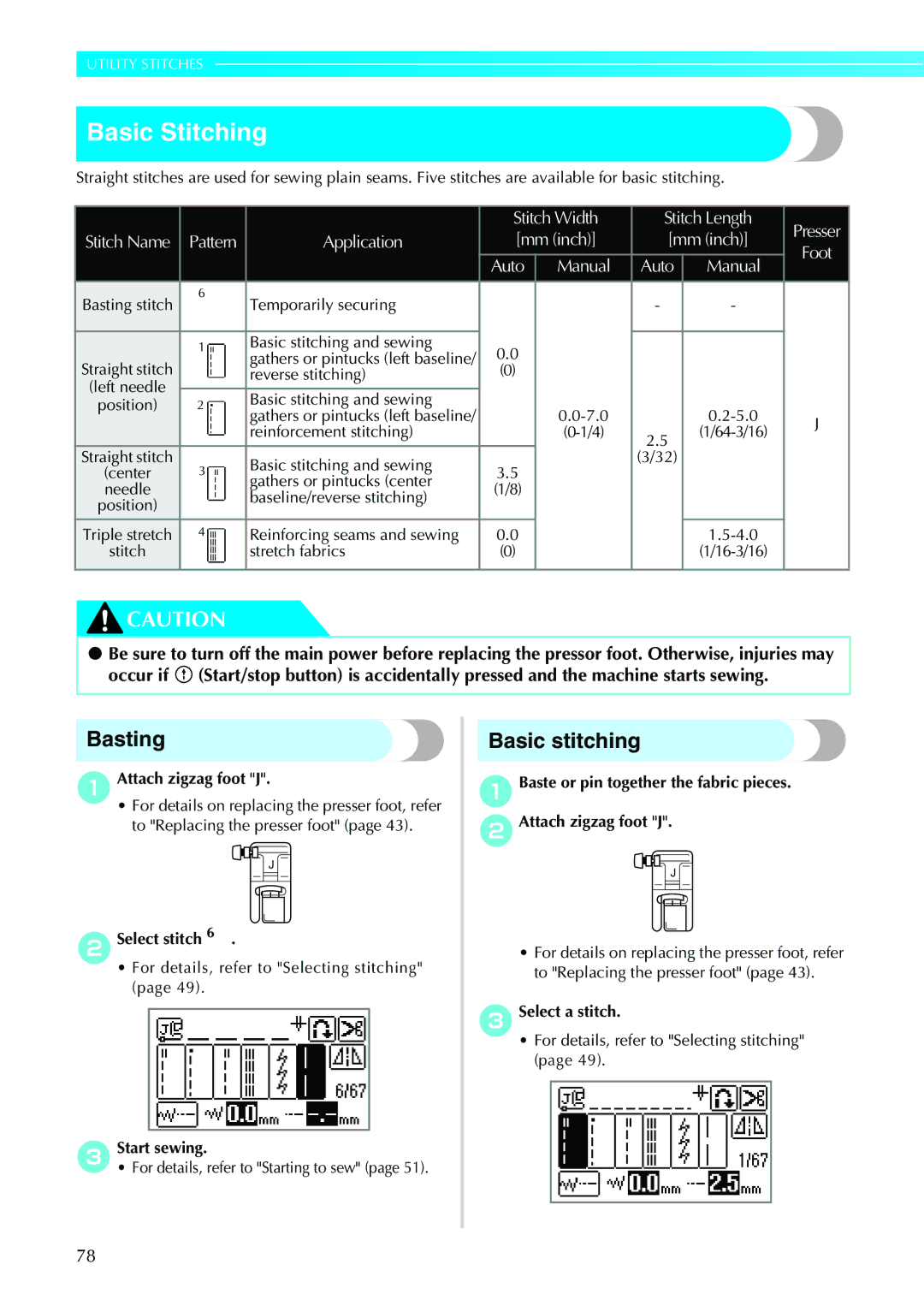 Brother 885-V31/V33 operation manual Basic Stitching, Basting, Basic stitching 