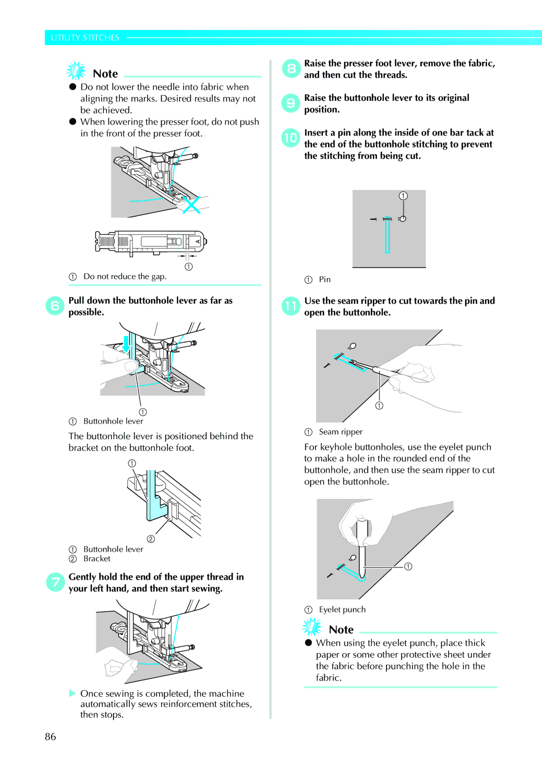 Brother 885-V31/V33 operation manual FPullpossible.down the buttonhole lever as far as 