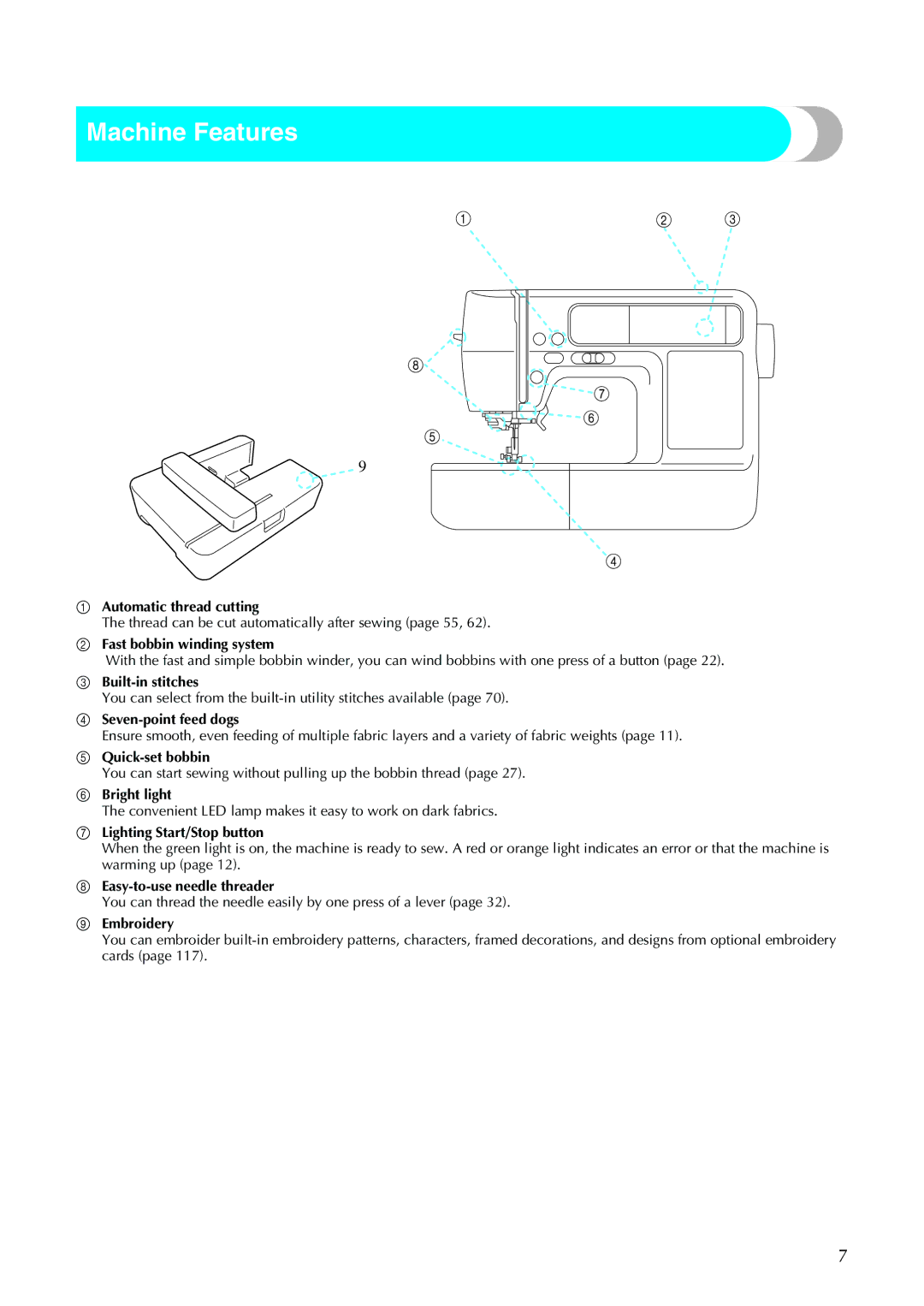 Brother 885-V31/V33 operation manual Machine Features, Lighting Start/Stop button 