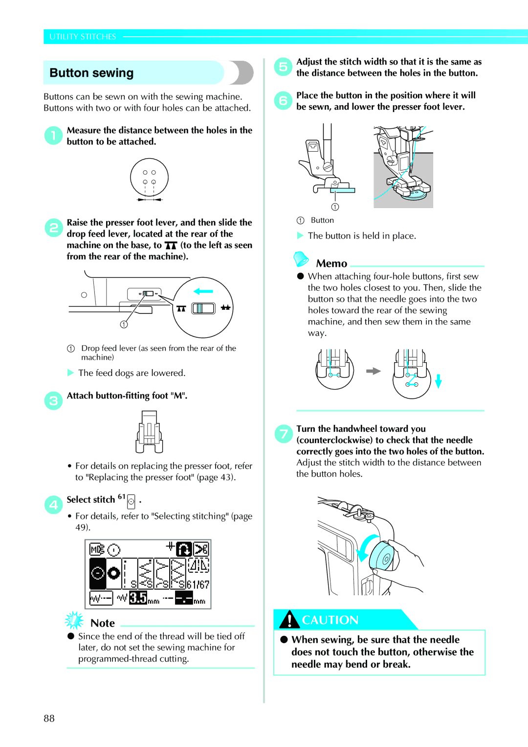 Brother 885-V31/V33 operation manual Button sewing, Feed dogs are lowered, CAttach button-fitting foot M, DSelect stitch 