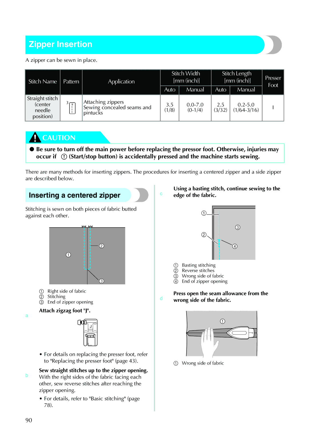 Brother 885-V31/V33 operation manual Zipper Insertion, Inserting a centered zipper 