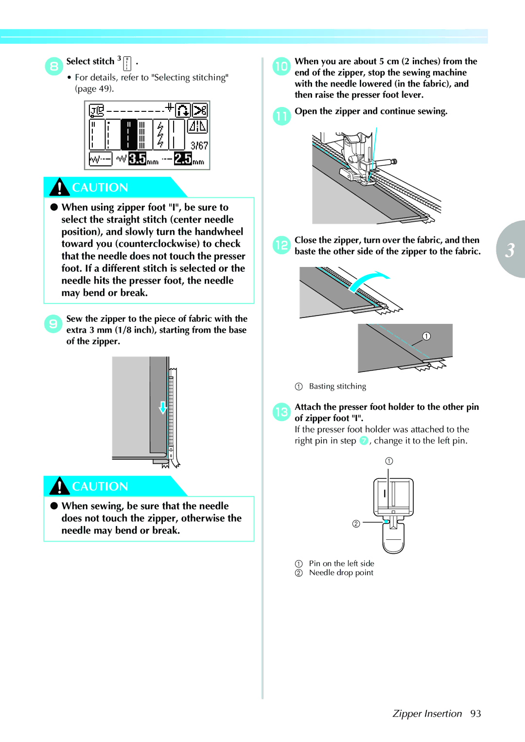 Brother 885-V31/V33 operation manual Zipper Insertion 