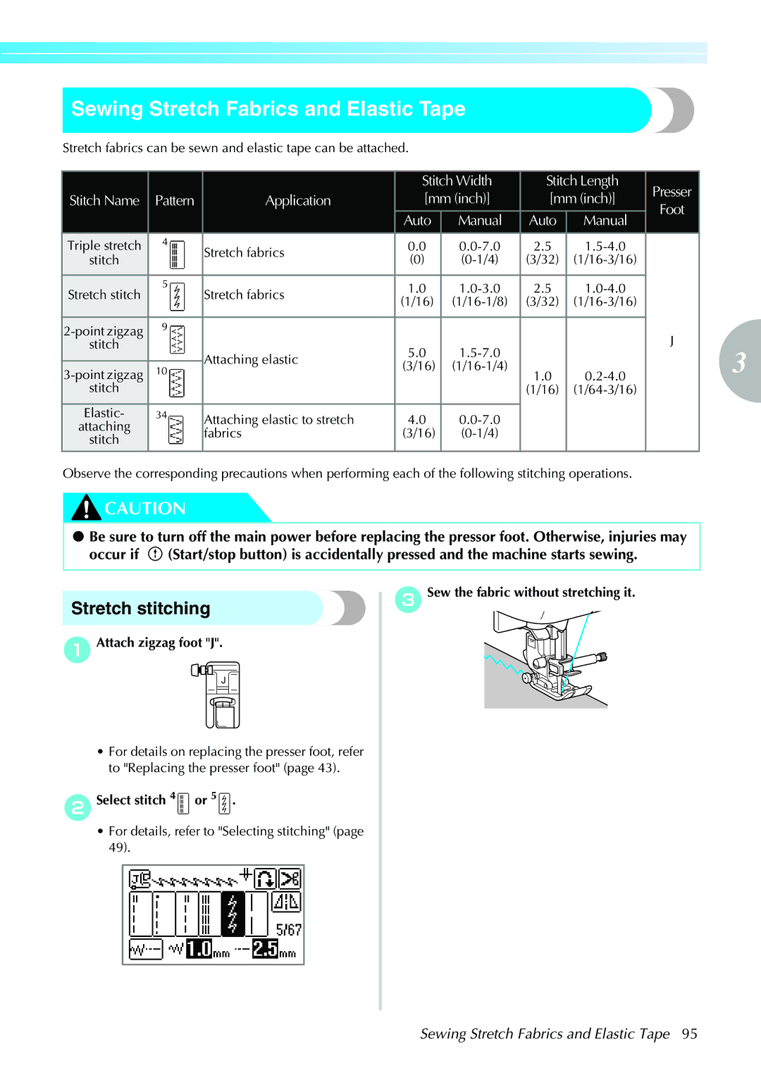 Brother 885-V31/V33 operation manual Sewing Stretch Fabrics and Elastic Tape, Stretch stitching, BSelect stitch 4 or 