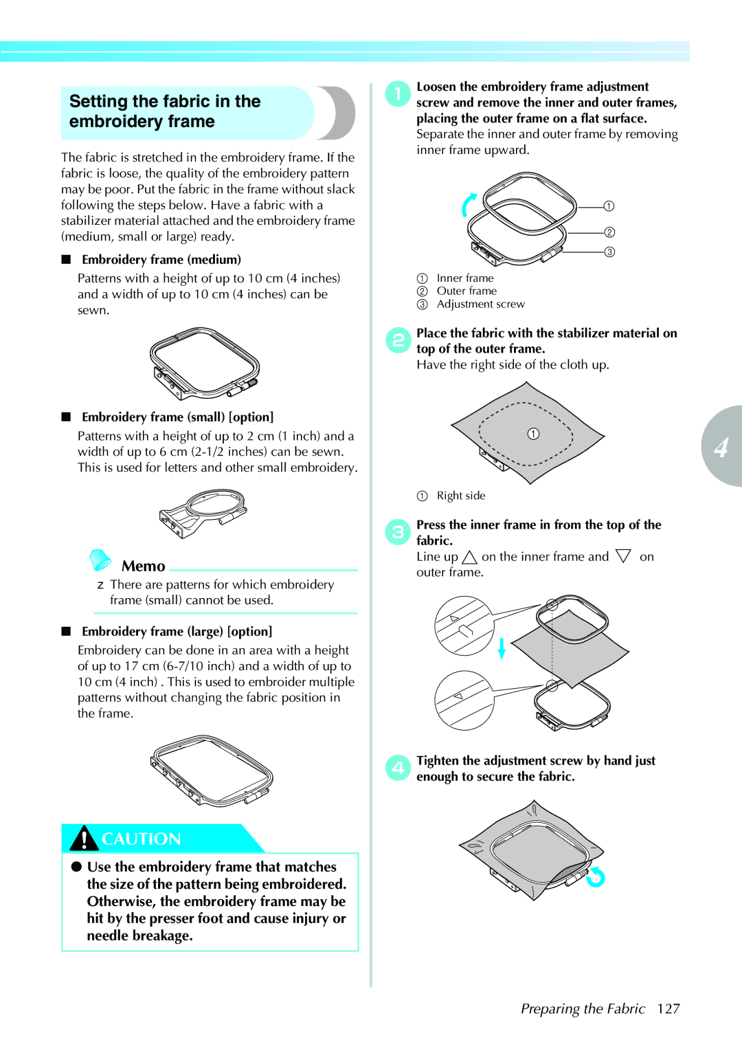 Brother 885-V32 appendix Setting the fabric in the embroidery frame, Preparing the Fabric, Embroidery frame medium 