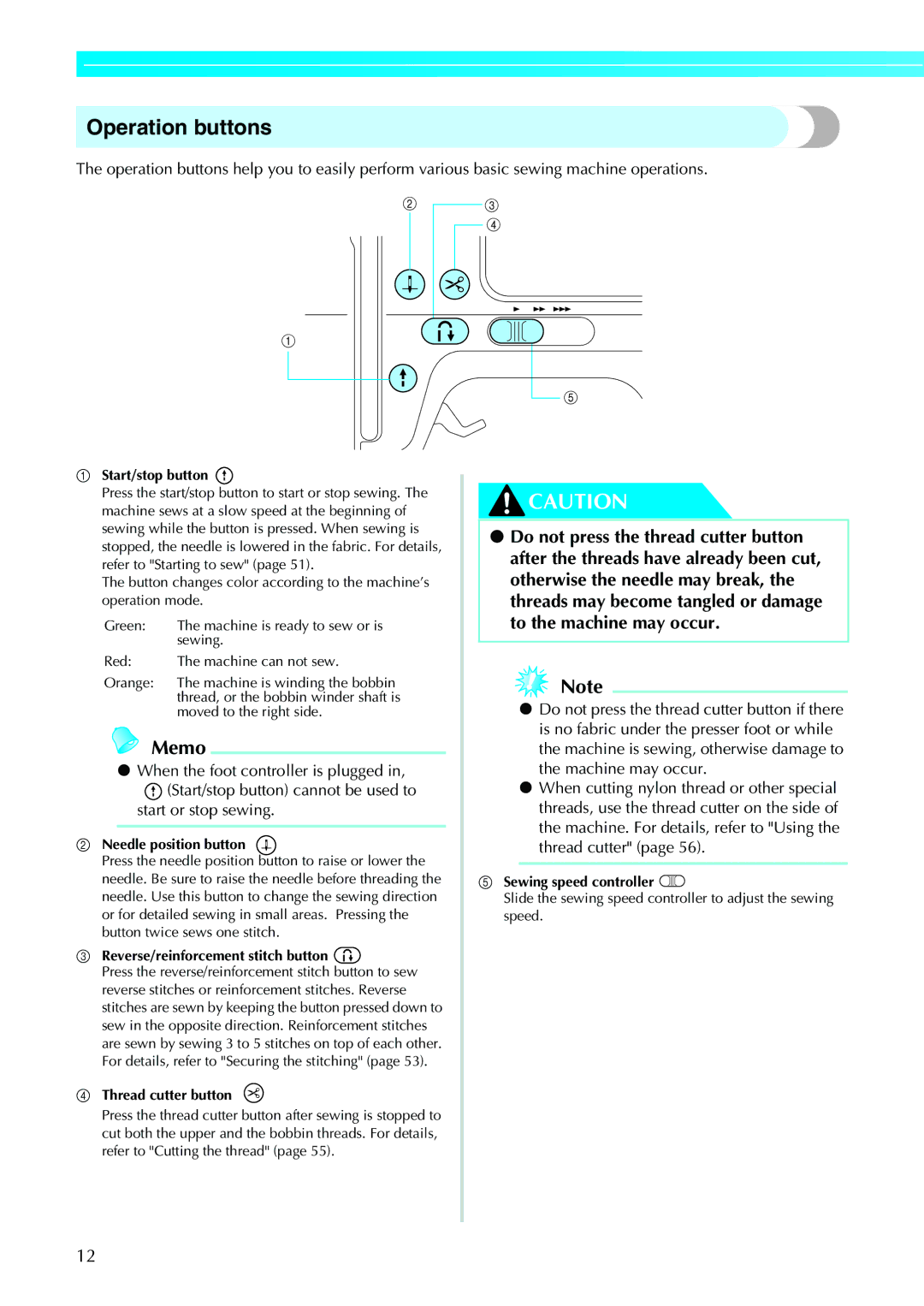 Brother 885-V32 appendix Operation buttons, Start/stop button 